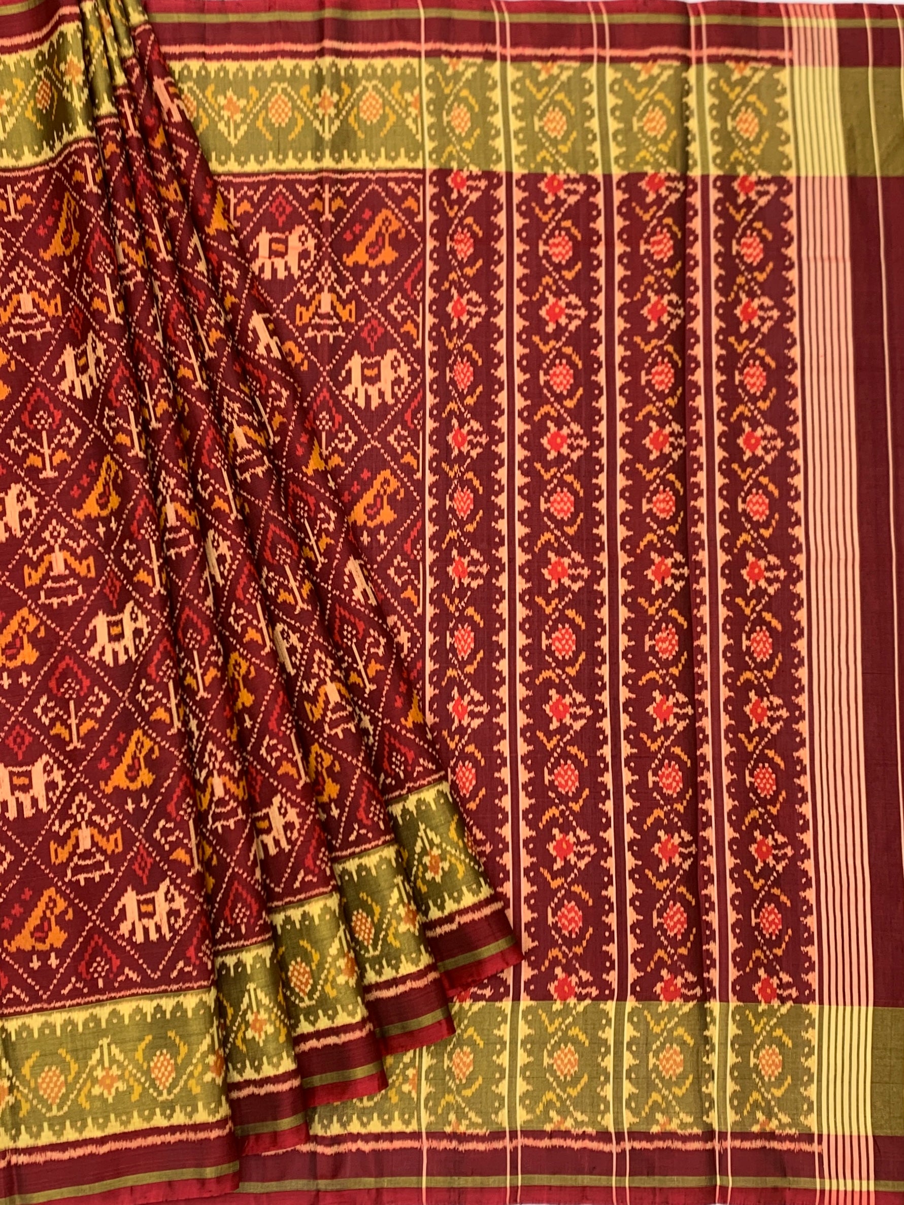 Deep Maroon & Olive Green: Elephant & Parrot Motif Rajkot Patola Silk Saree
