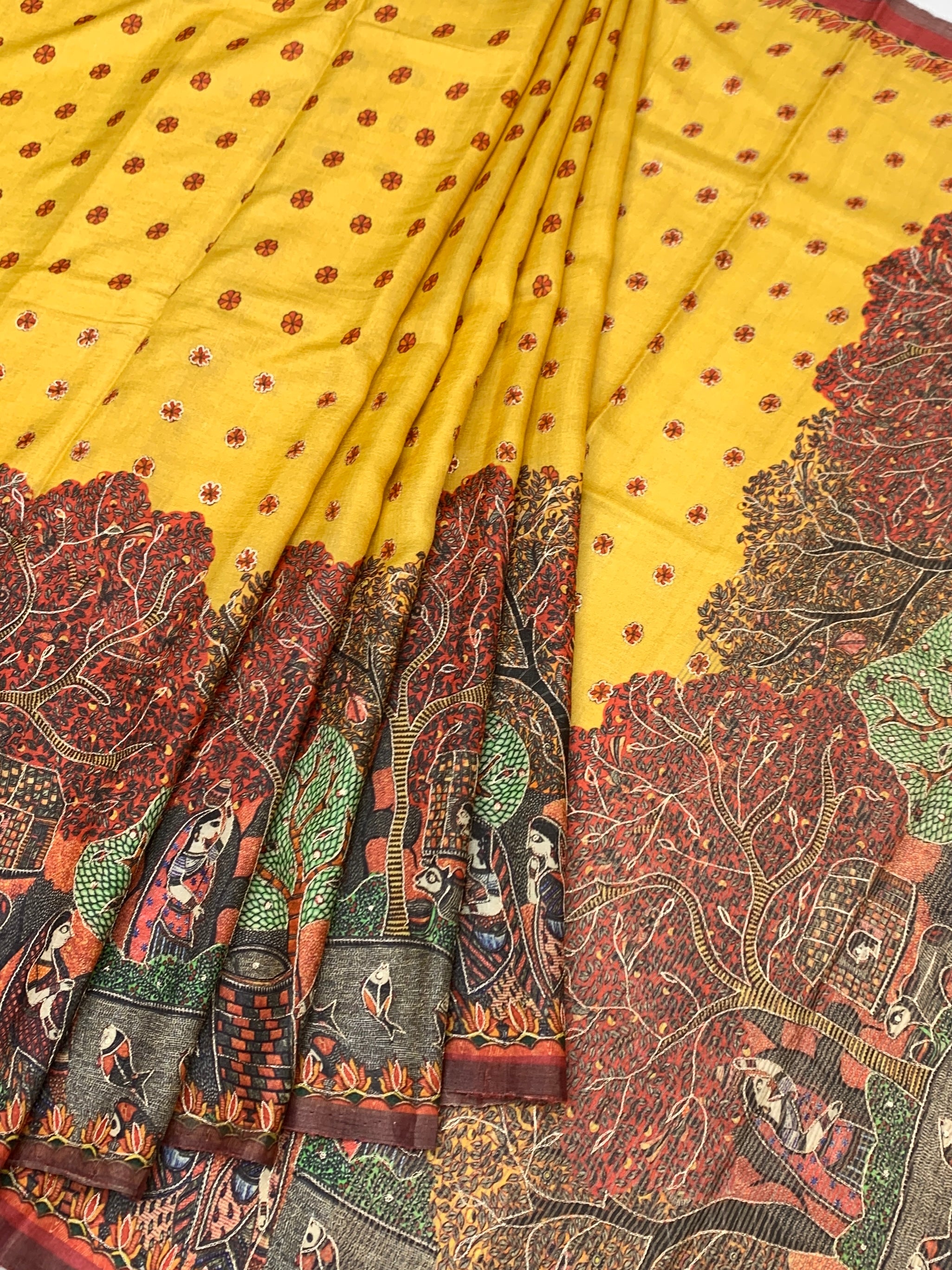 Mustard Yellow Tussore Silk Saree with Madhubani Folk Art Narrative & Micro-Bootis