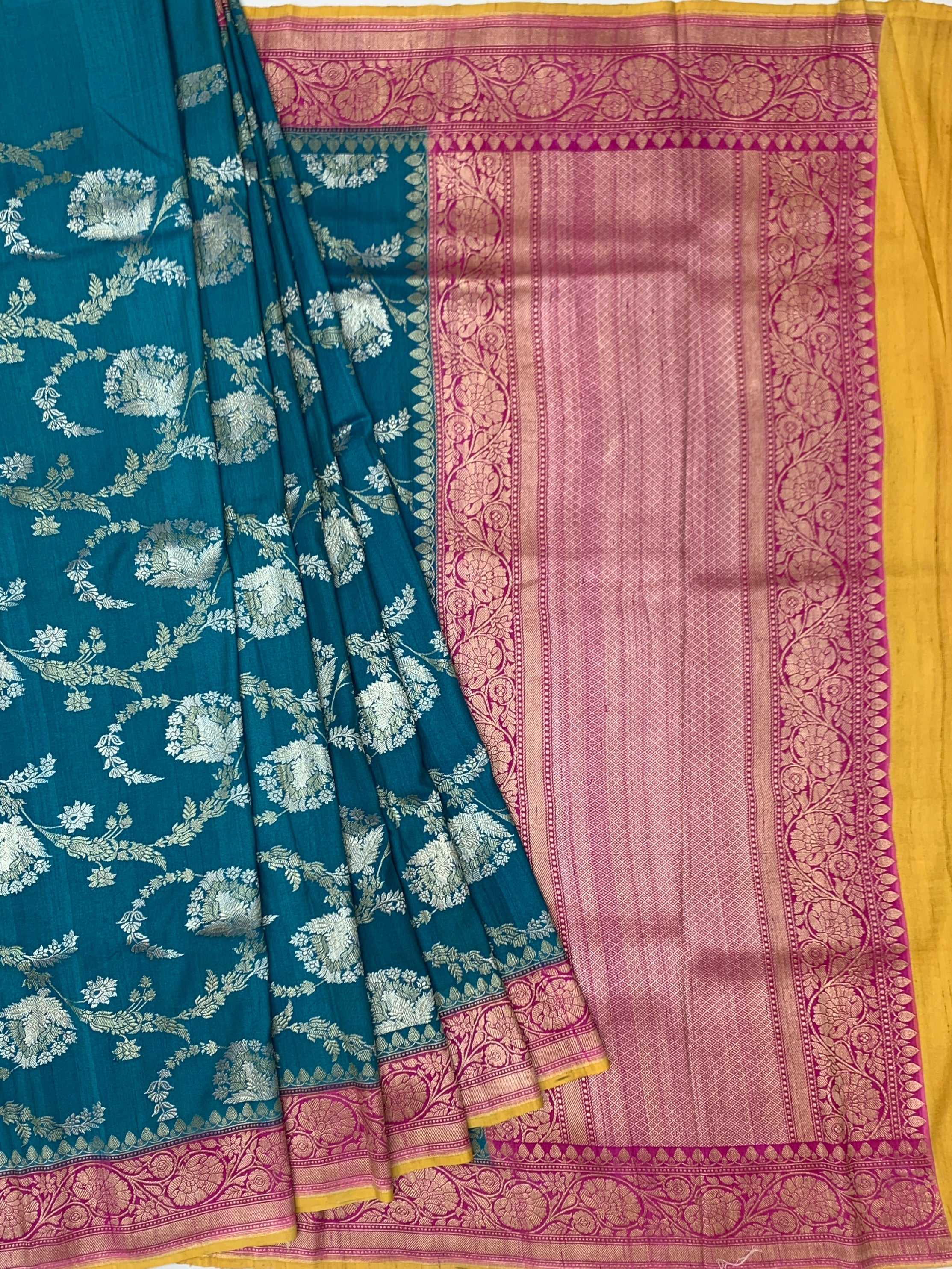 Teal Blue Tussore Georgette Saree with Contrast Pink Border