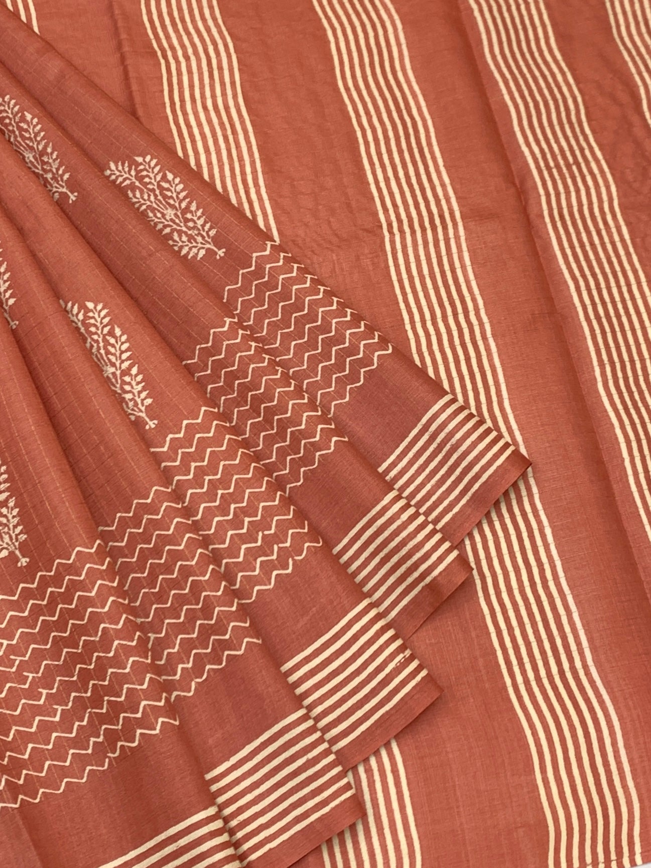 Earthy Terracotta Rust Printed Tussore Saree