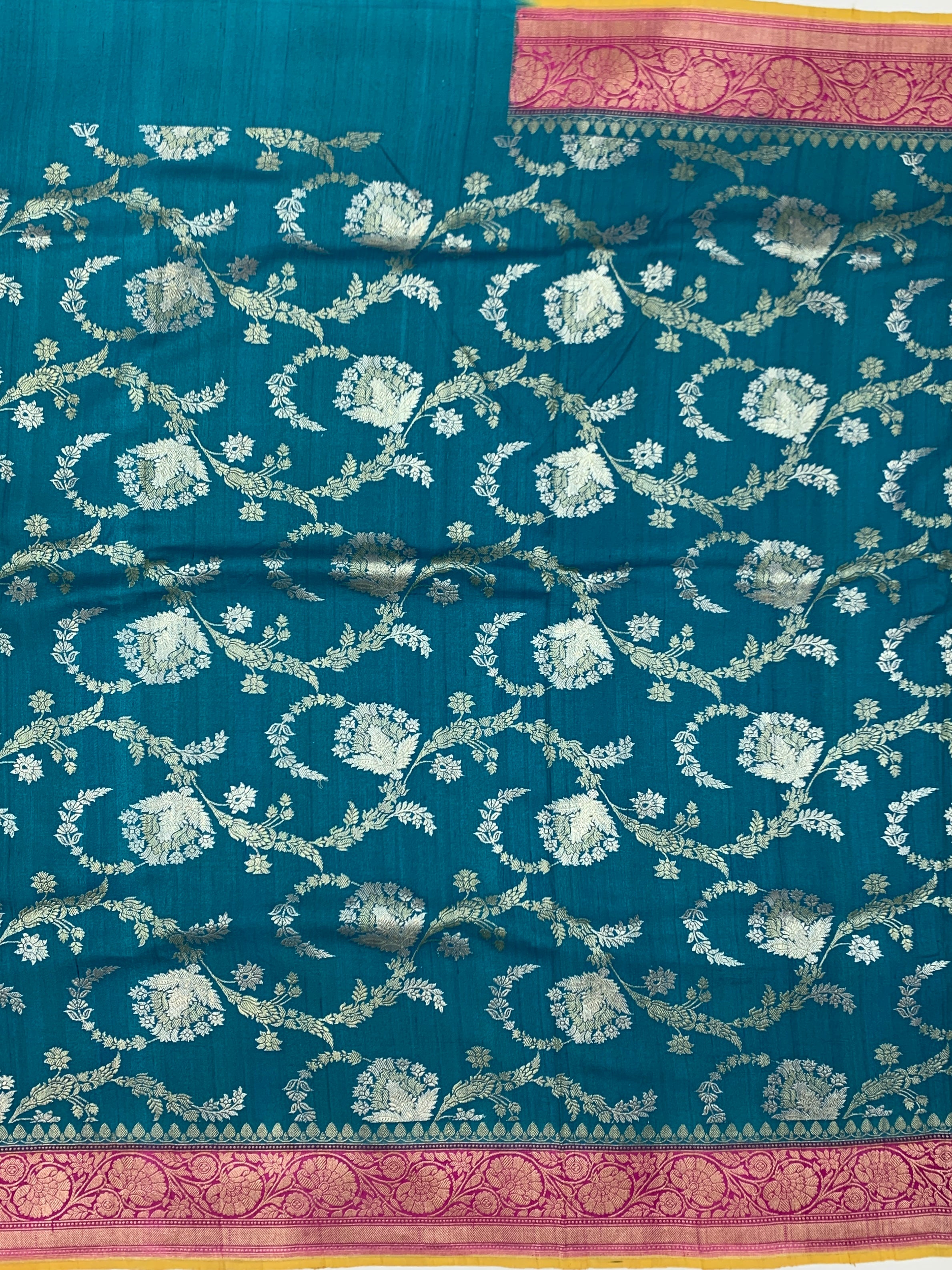 Teal Blue Tussore Georgette Saree with Contrast Pink Border