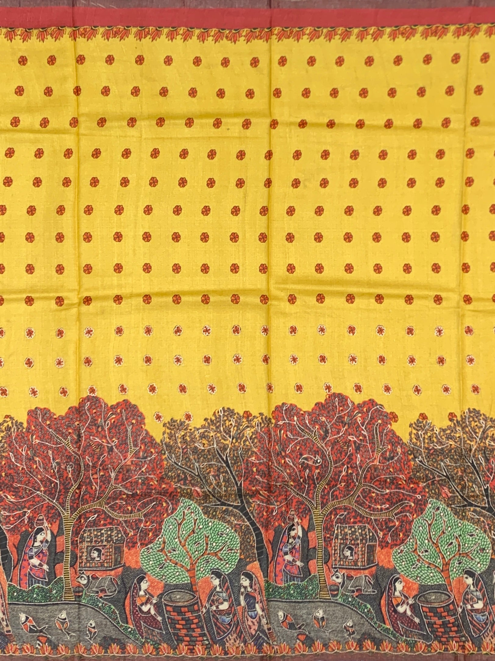 Mustard Yellow Tussore Silk Saree with Madhubani Folk Art Narrative & Micro-Bootis