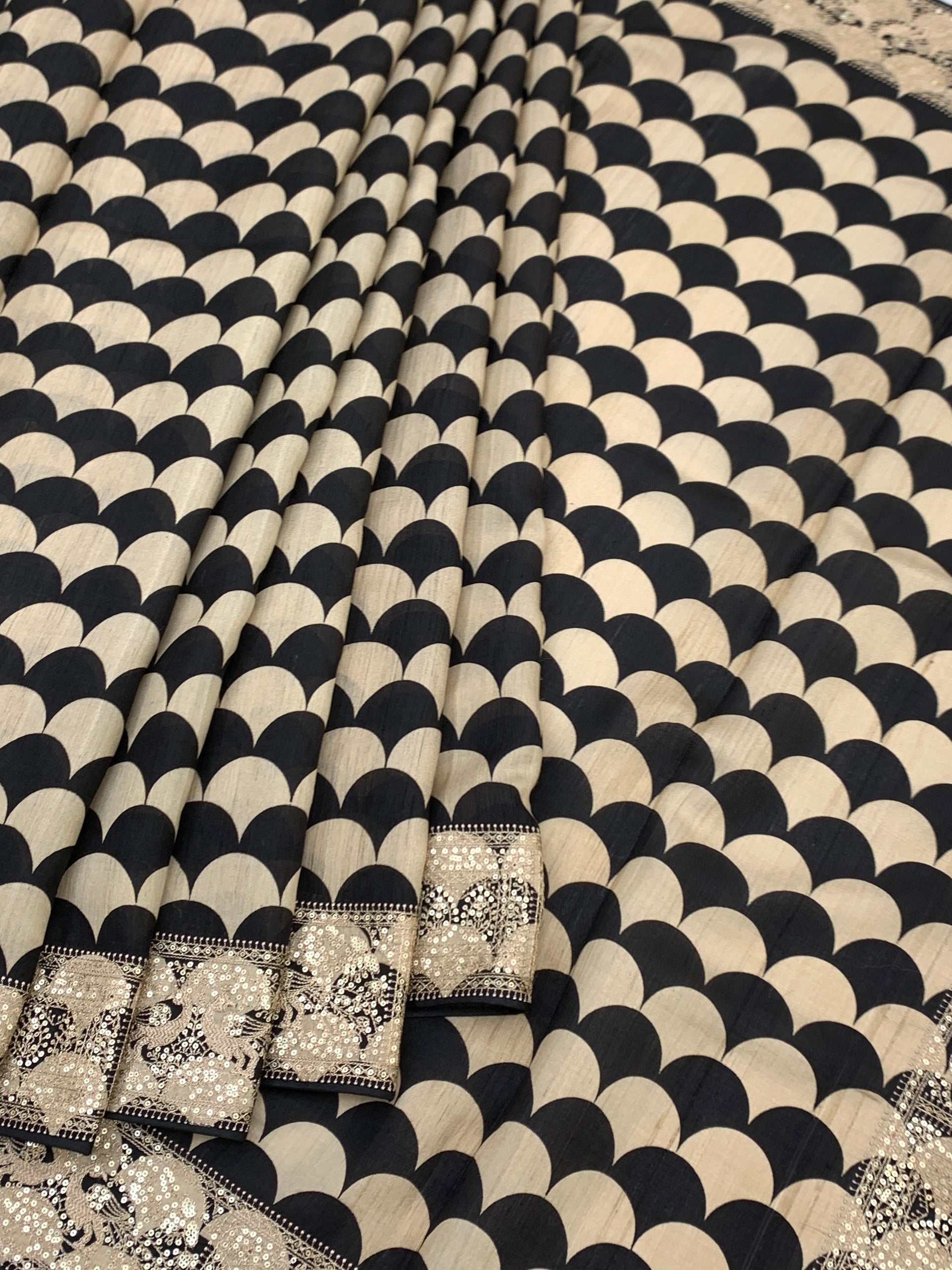 Statement Black & Cream Geometric Tussore Silk Saree with Floral Blouse