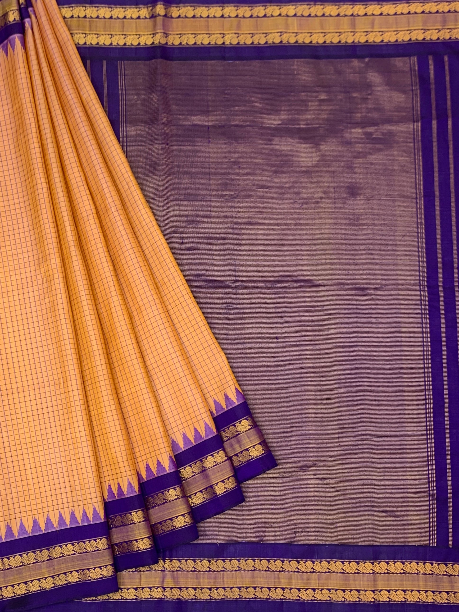 Musk Melon Checks Gadwal Silk Saree with Royal Purple Temple Border & Zari Pallu