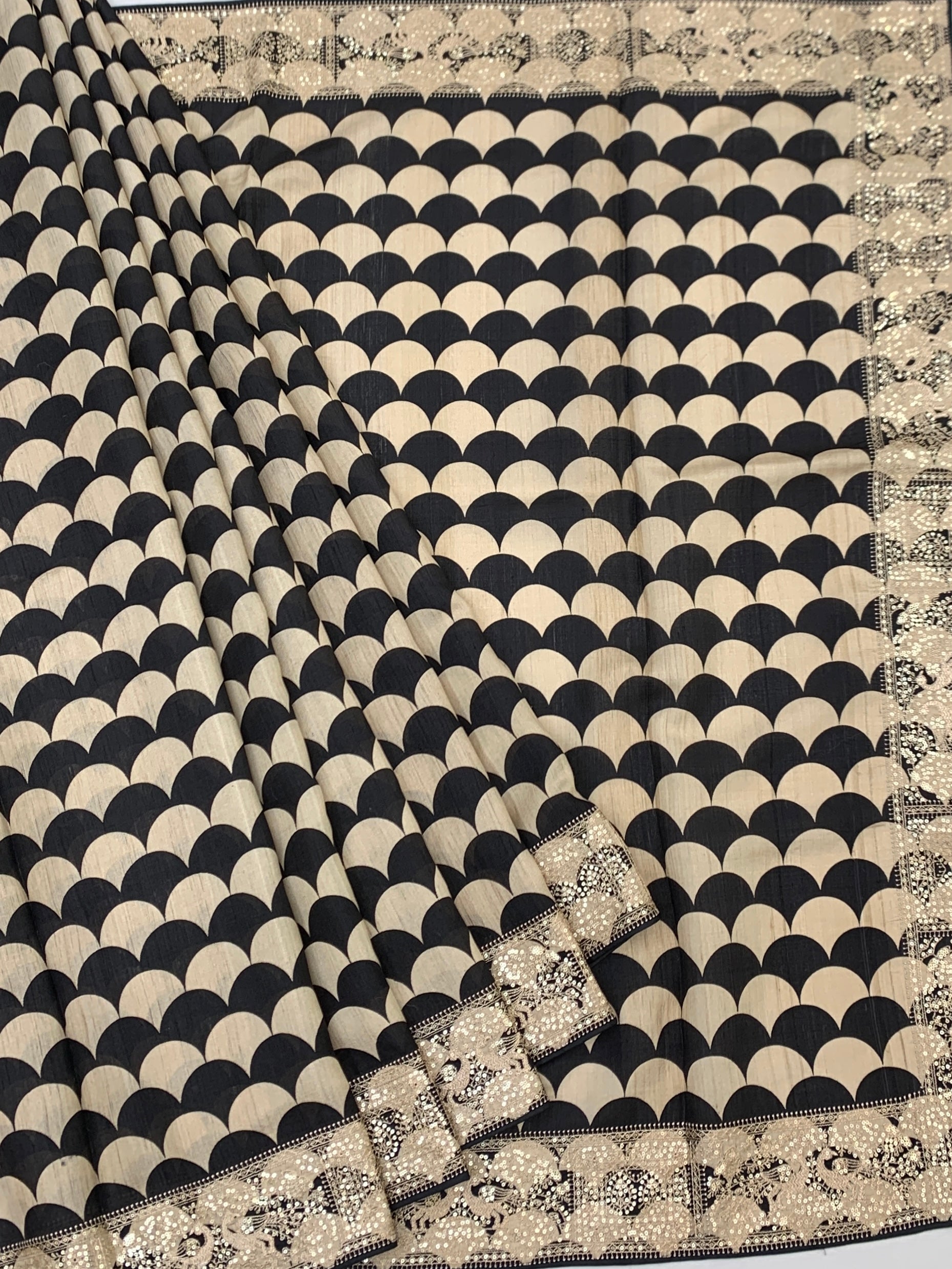 Statement Black & Cream Geometric Tussore Silk Saree with Floral Blouse