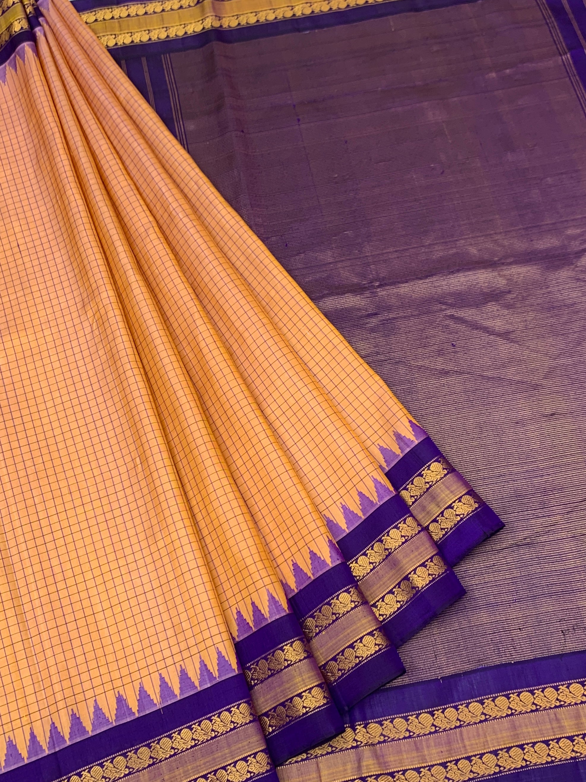 Musk Melon Checks Gadwal Silk Saree with Royal Purple Temple Border & Zari Pallu