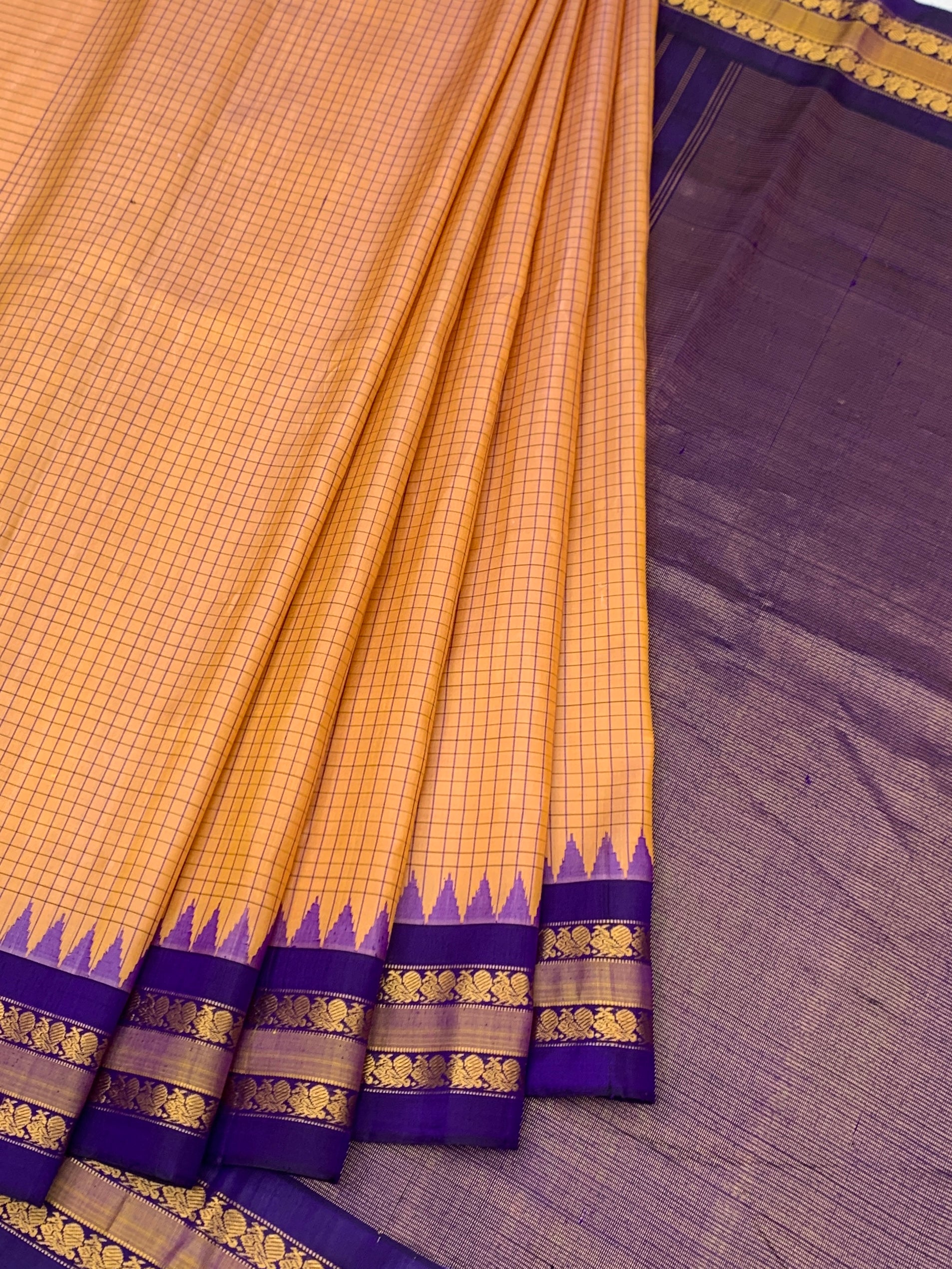 Musk Melon Checks Gadwal Silk Saree with Royal Purple Temple Border & Zari Pallu