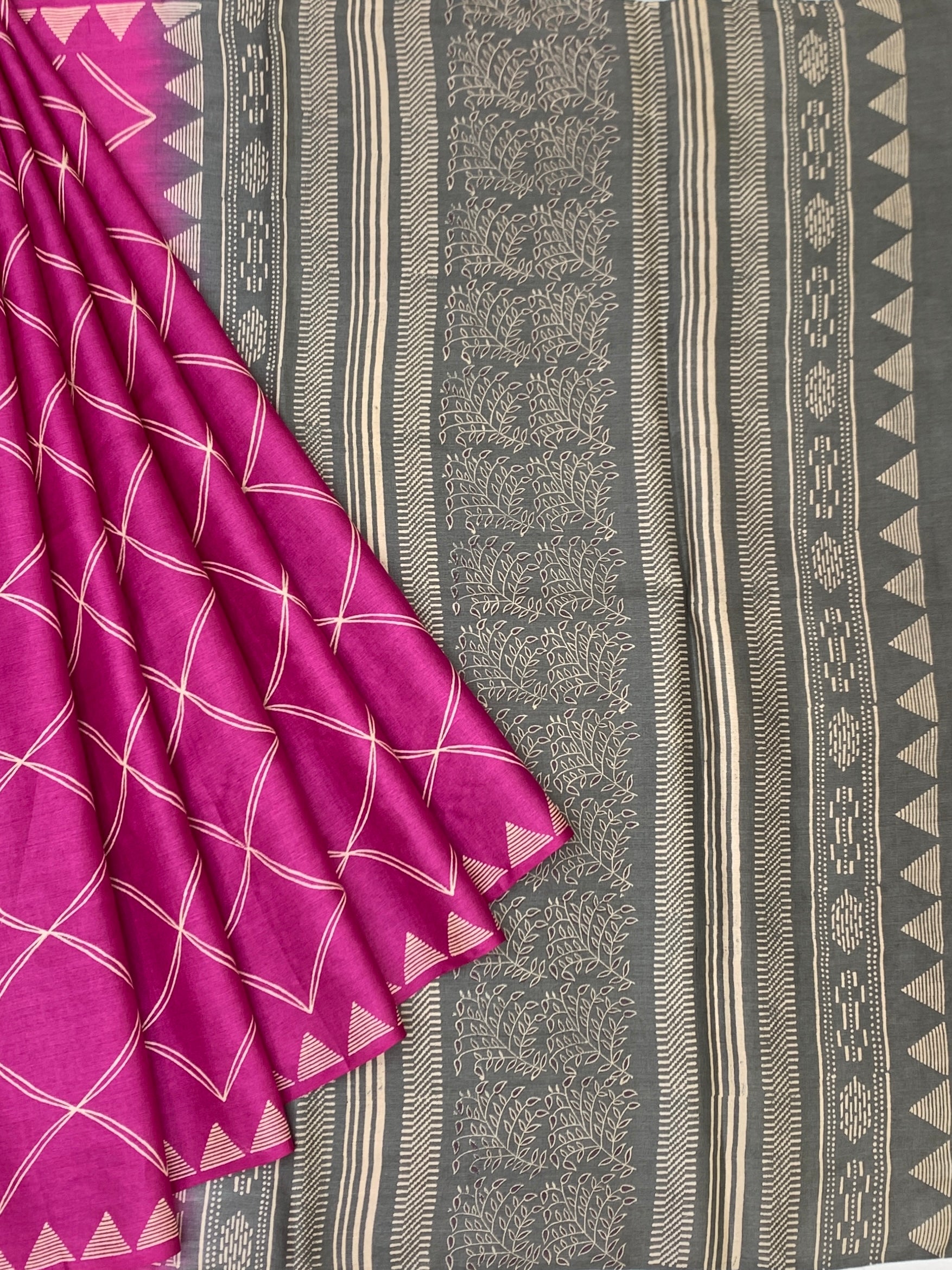 Fuchsia Pink & Slate Grey Geometric Printed Tussore Silk Saree