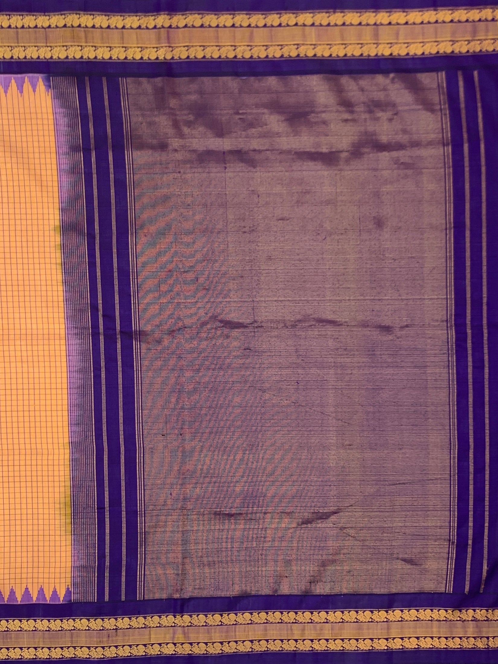 Musk Melon Checks Gadwal Silk Saree with Royal Purple Temple Border & Zari Pallu
