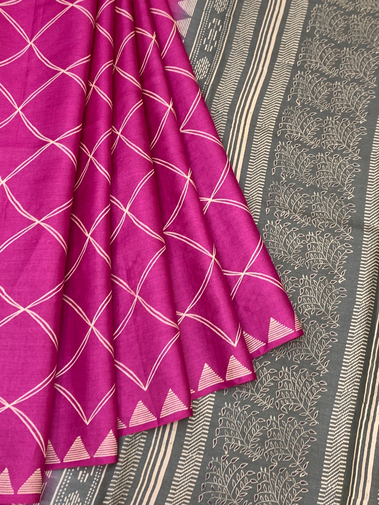 Fuchsia Pink & Slate Grey Geometric Printed Tussore Silk Saree
