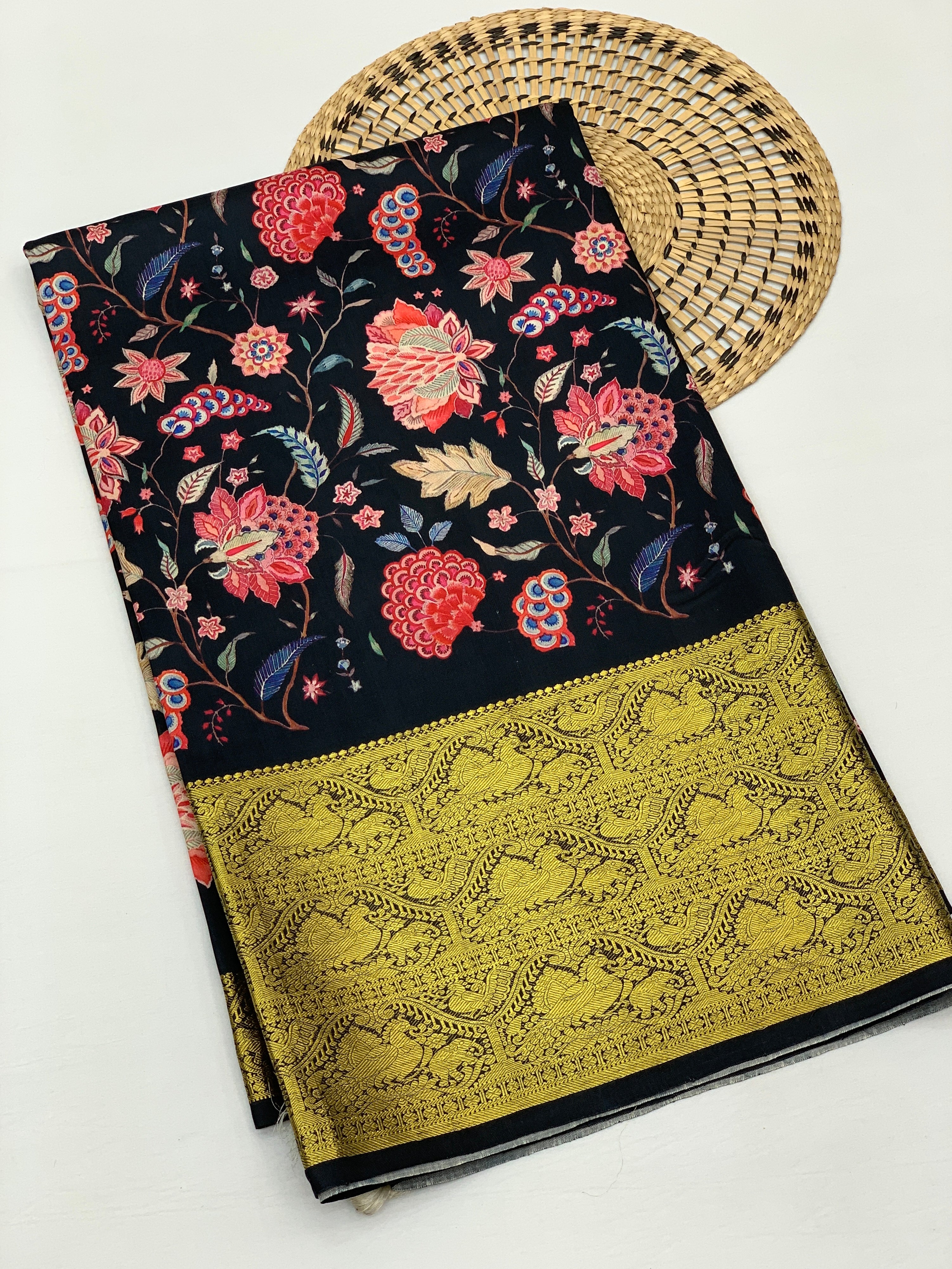 Midnight Black Floral Symphony Printed Kanjeevaram Saree