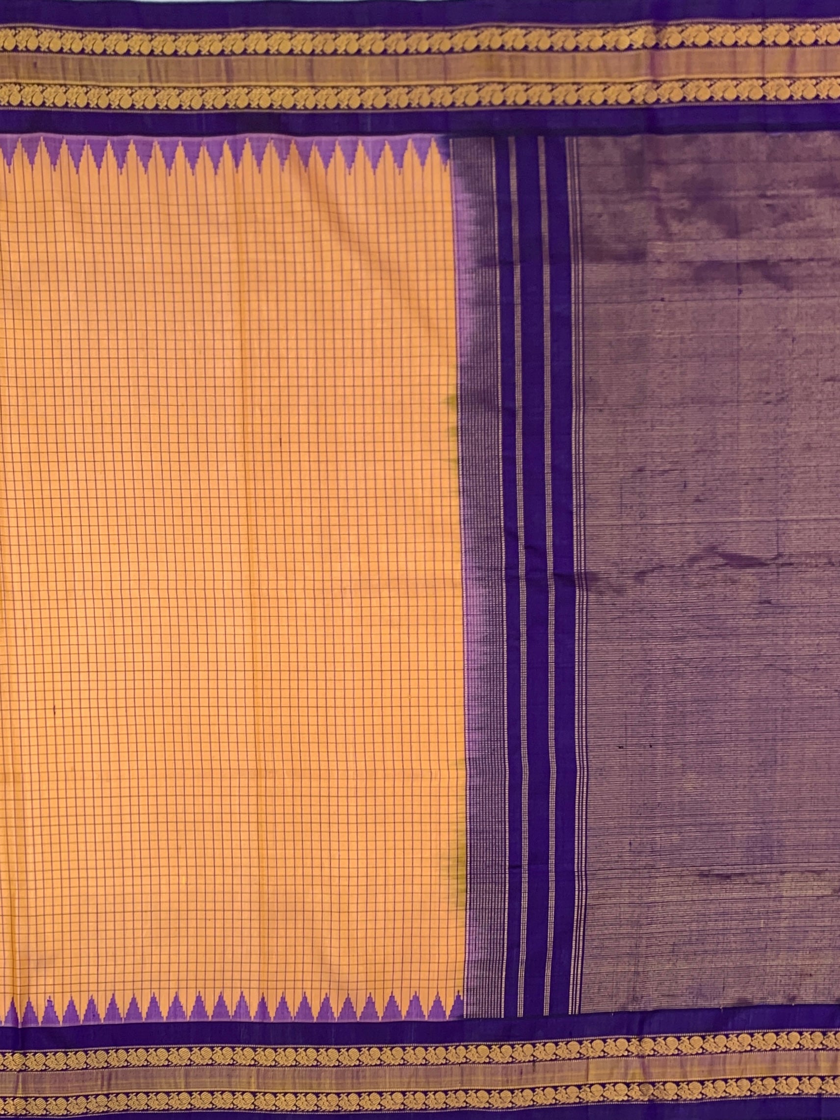 Musk Melon Checks Gadwal Silk Saree with Royal Purple Temple Border & Zari Pallu