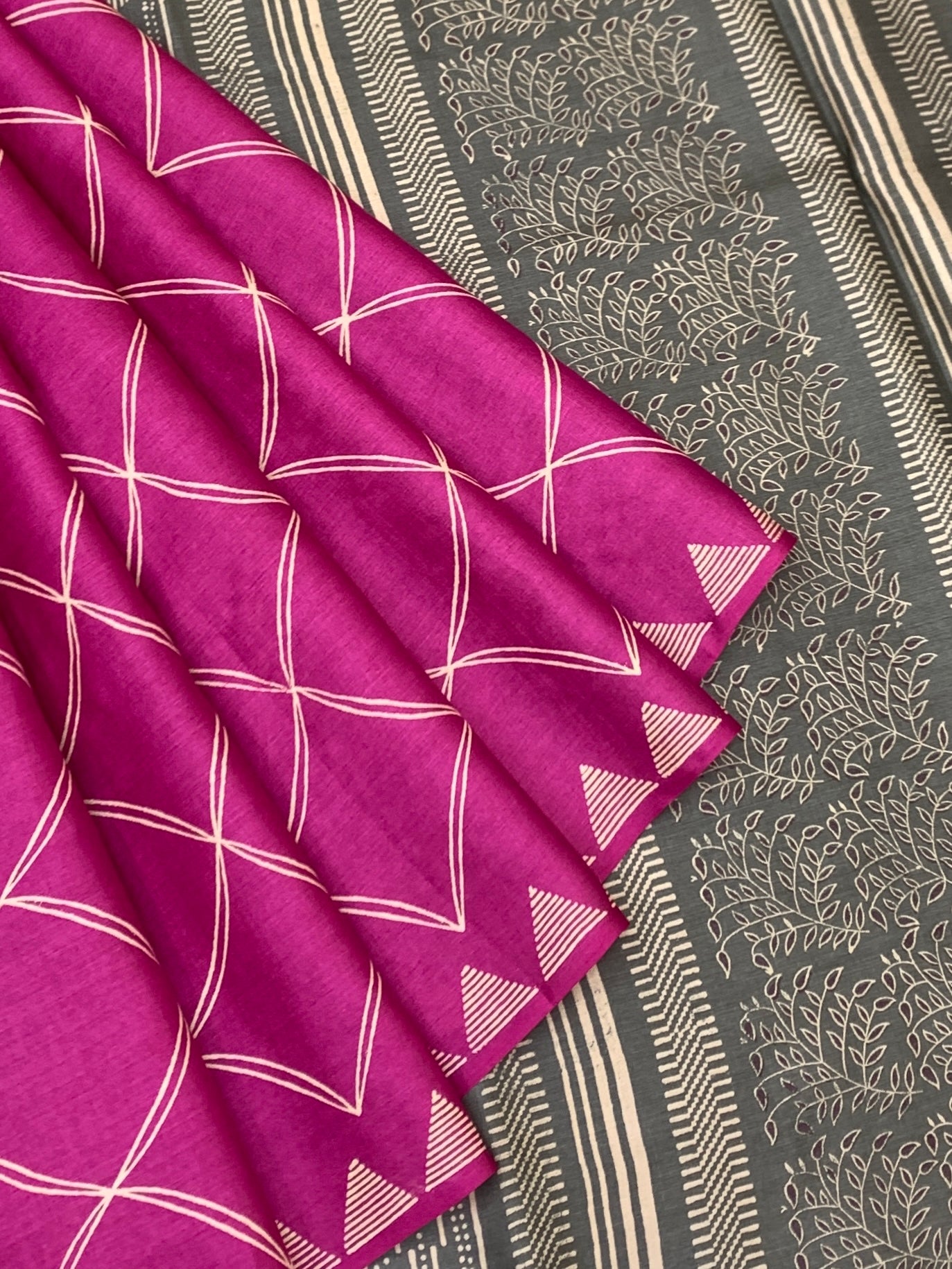 Fuchsia Pink & Slate Grey Geometric Printed Tussore Silk Saree
