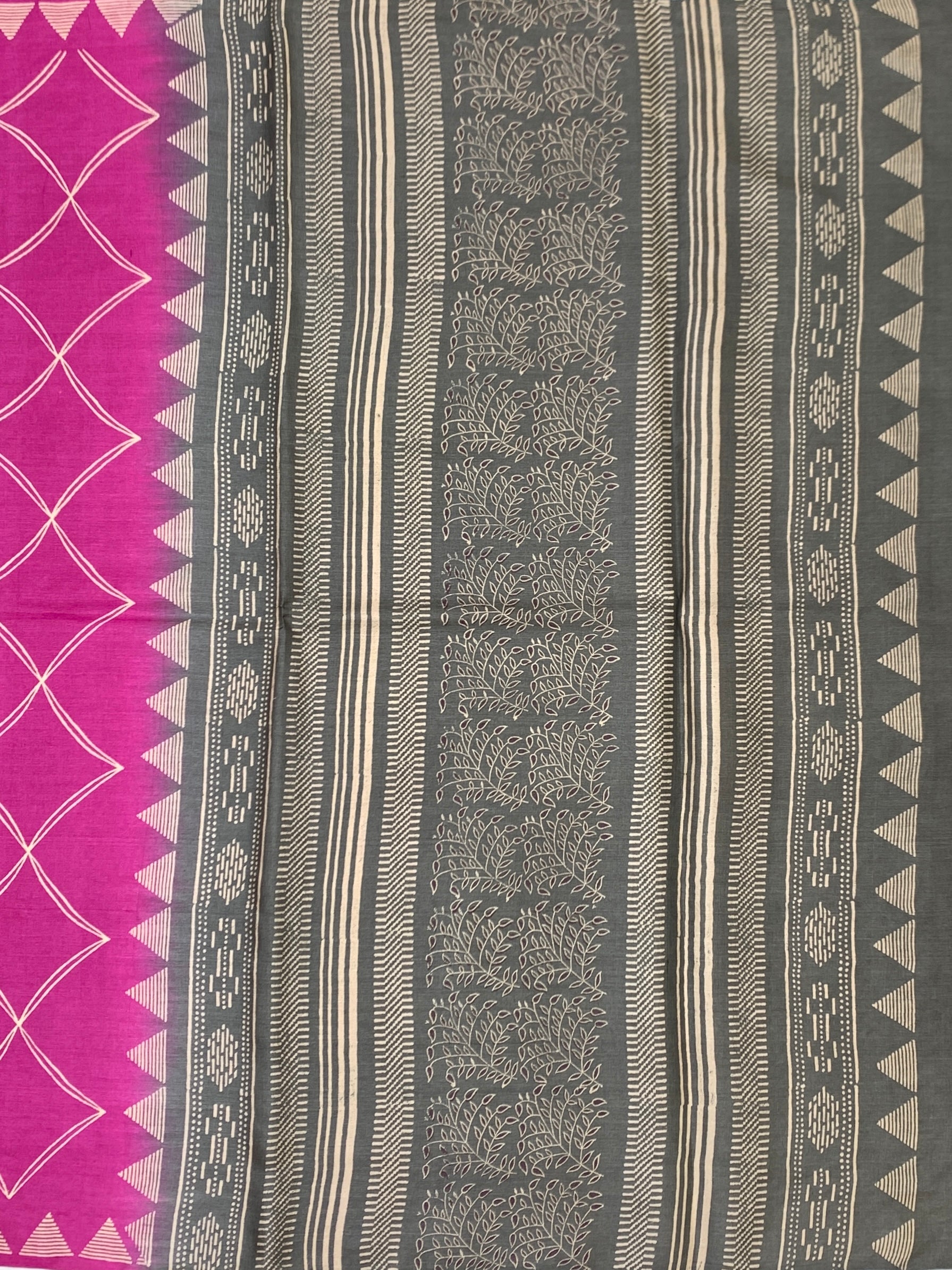 Fuchsia Pink & Slate Grey Geometric Printed Tussore Silk Saree