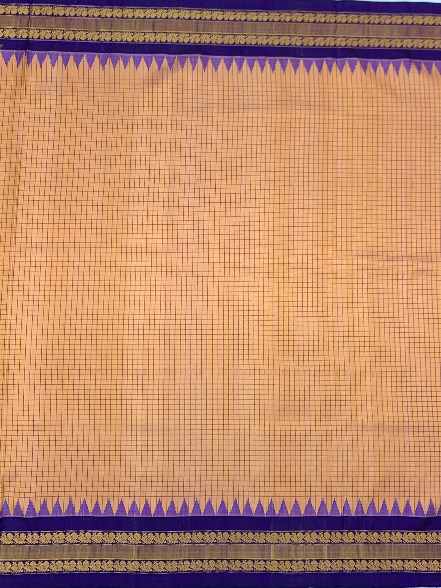 Musk Melon Checks Gadwal Silk Saree with Royal Purple Temple Border & Zari Pallu