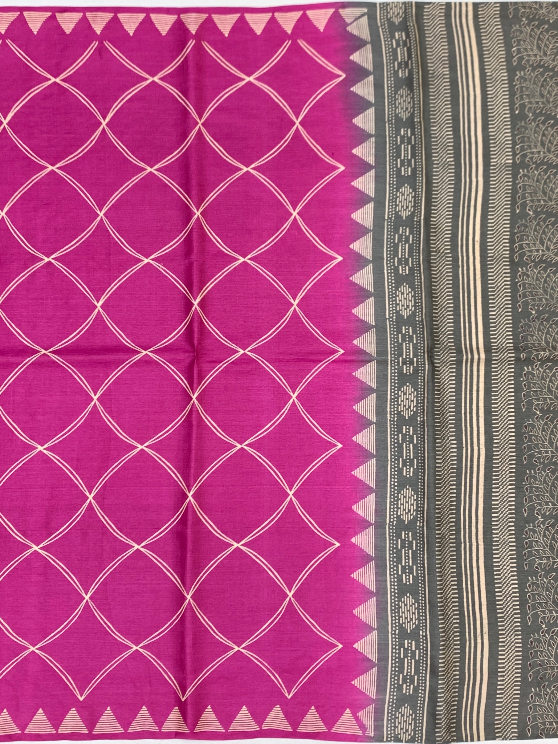 Fuchsia Pink & Slate Grey Geometric Printed Tussore Silk Saree