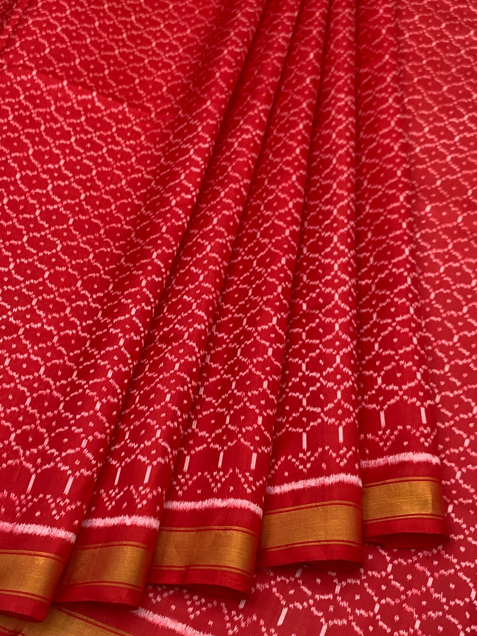 Ruby Red Geometric Lattice: Heritage Rajkot Patola Silk Saree