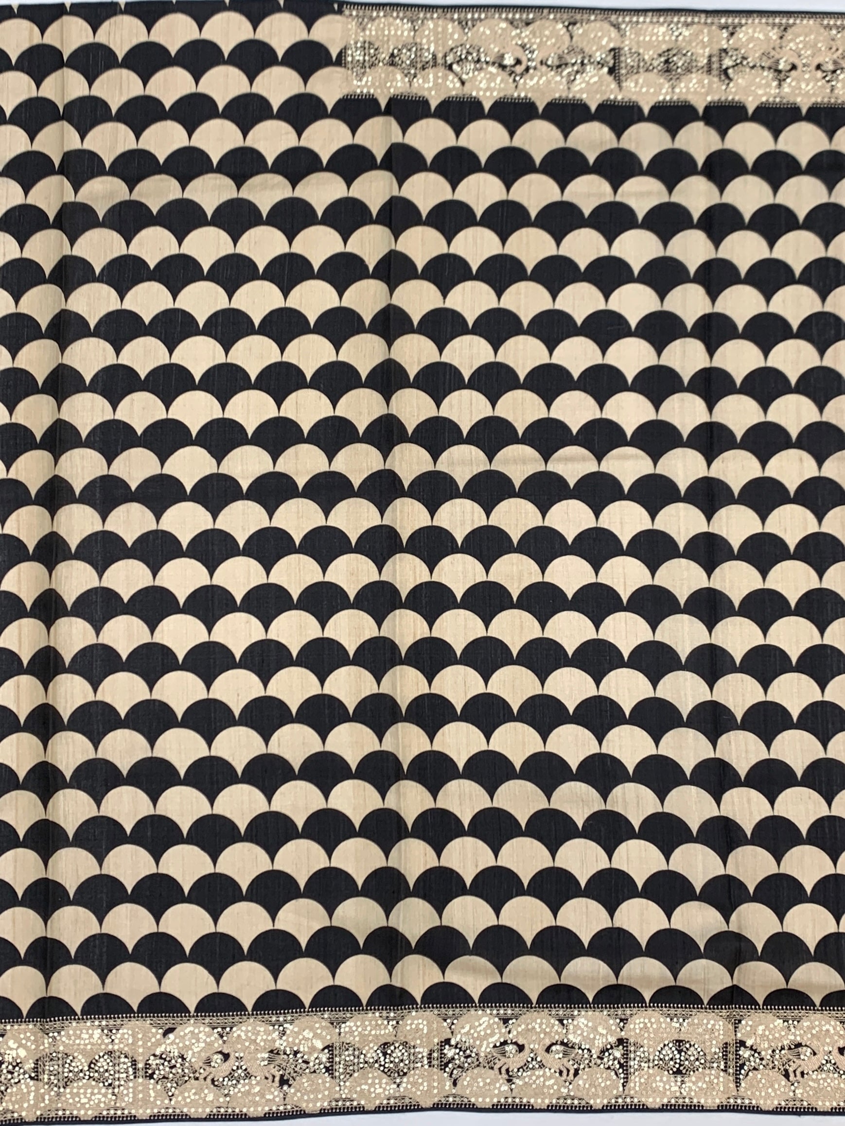 Statement Black & Cream Geometric Tussore Silk Saree with Floral Blouse