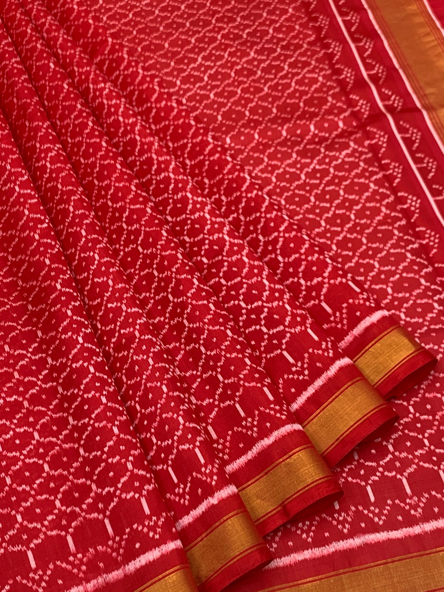 Ruby Red Geometric Lattice: Heritage Rajkot Patola Silk Saree
