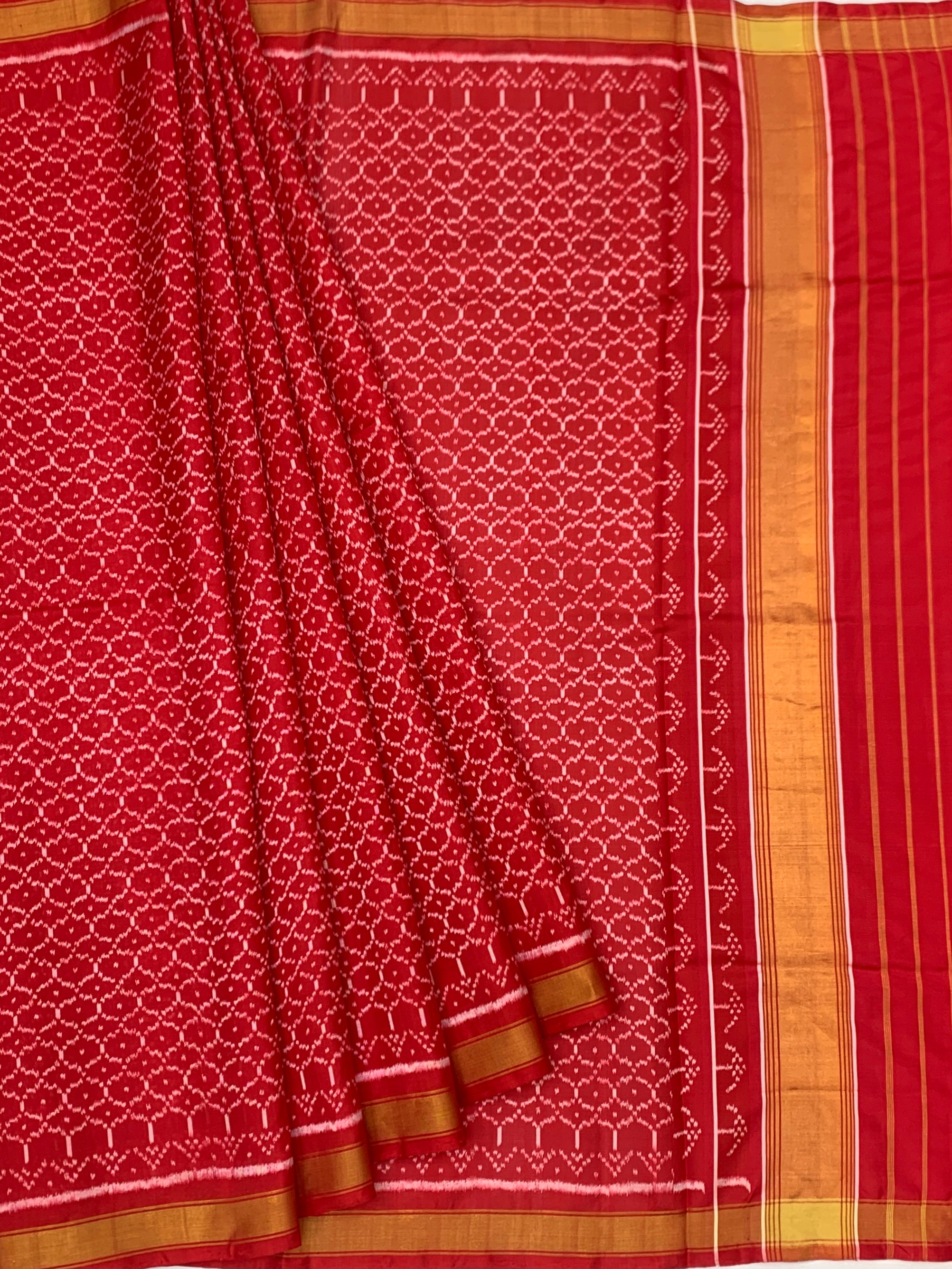 Ruby Red Geometric Lattice: Heritage Rajkot Patola Silk Saree