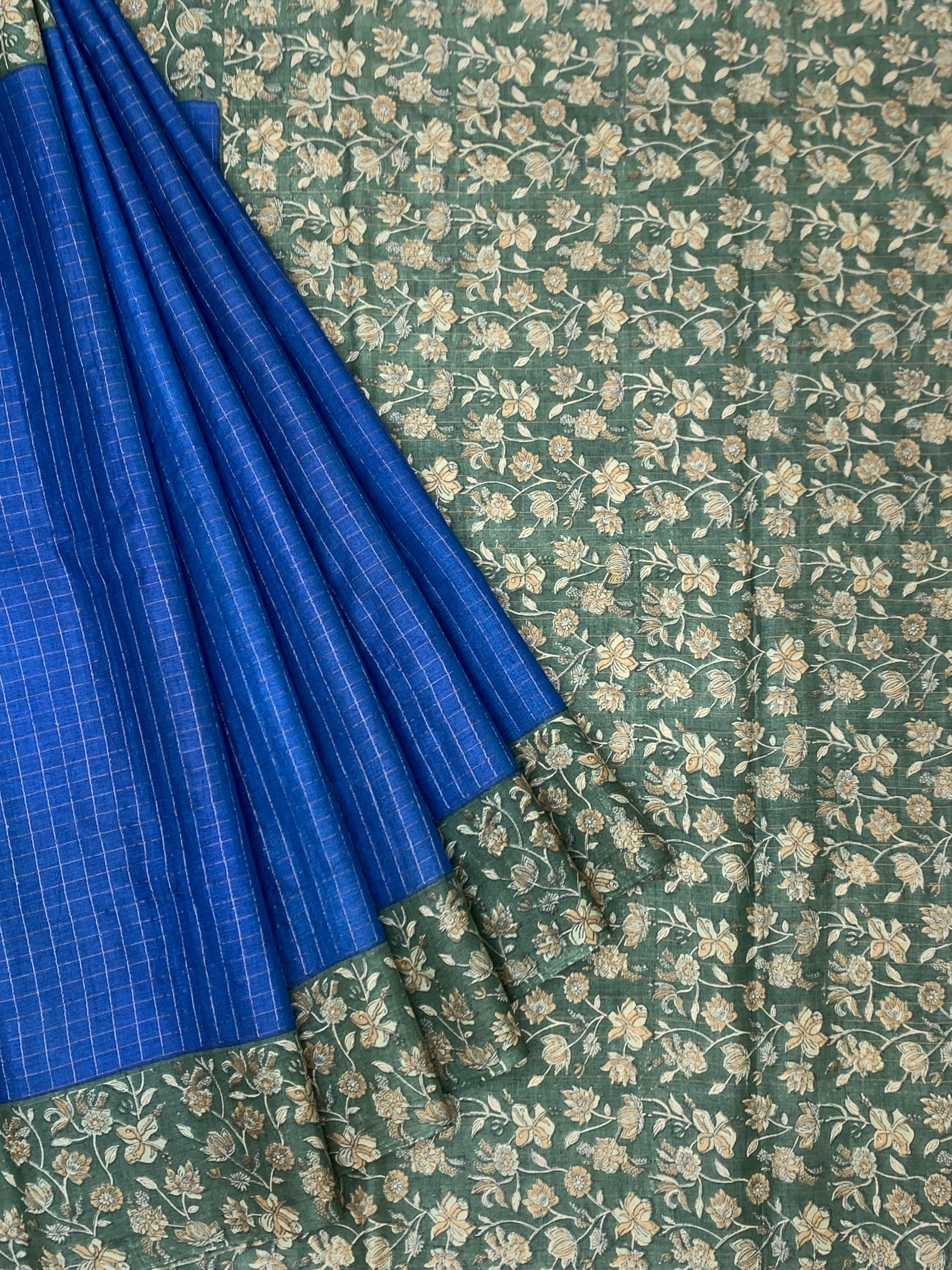 Royal Blue & Moss Green Floral Printed Tussore Saree