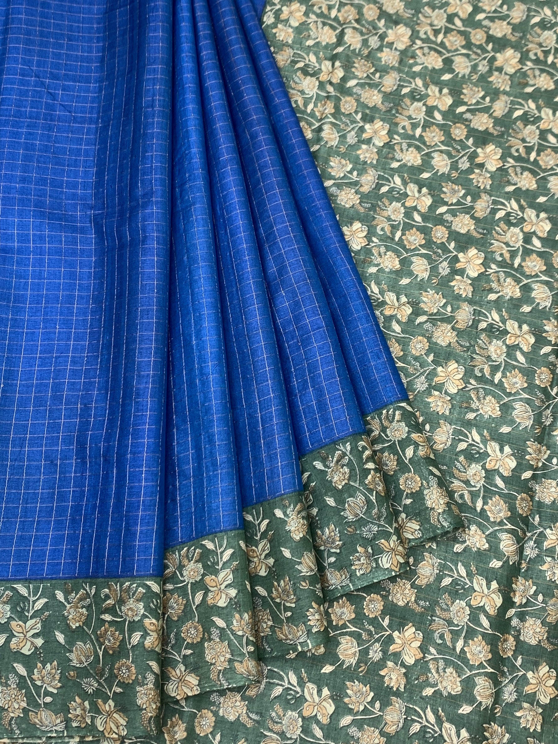 Royal Blue & Moss Green Floral Printed Tussore Saree