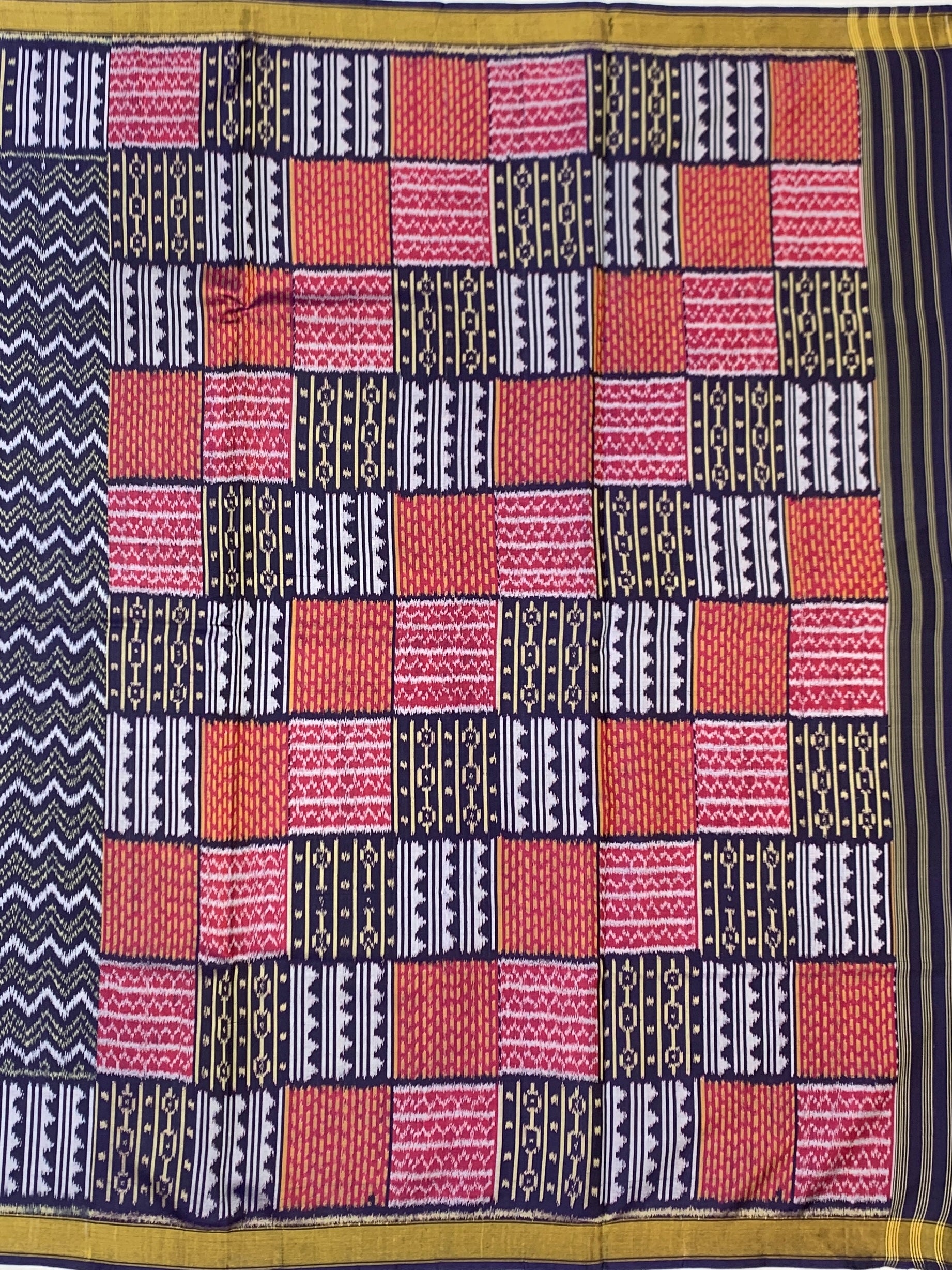 Midnight Blue Chevron & Vibrant Geometric Block Rajkot Patola Silk Saree