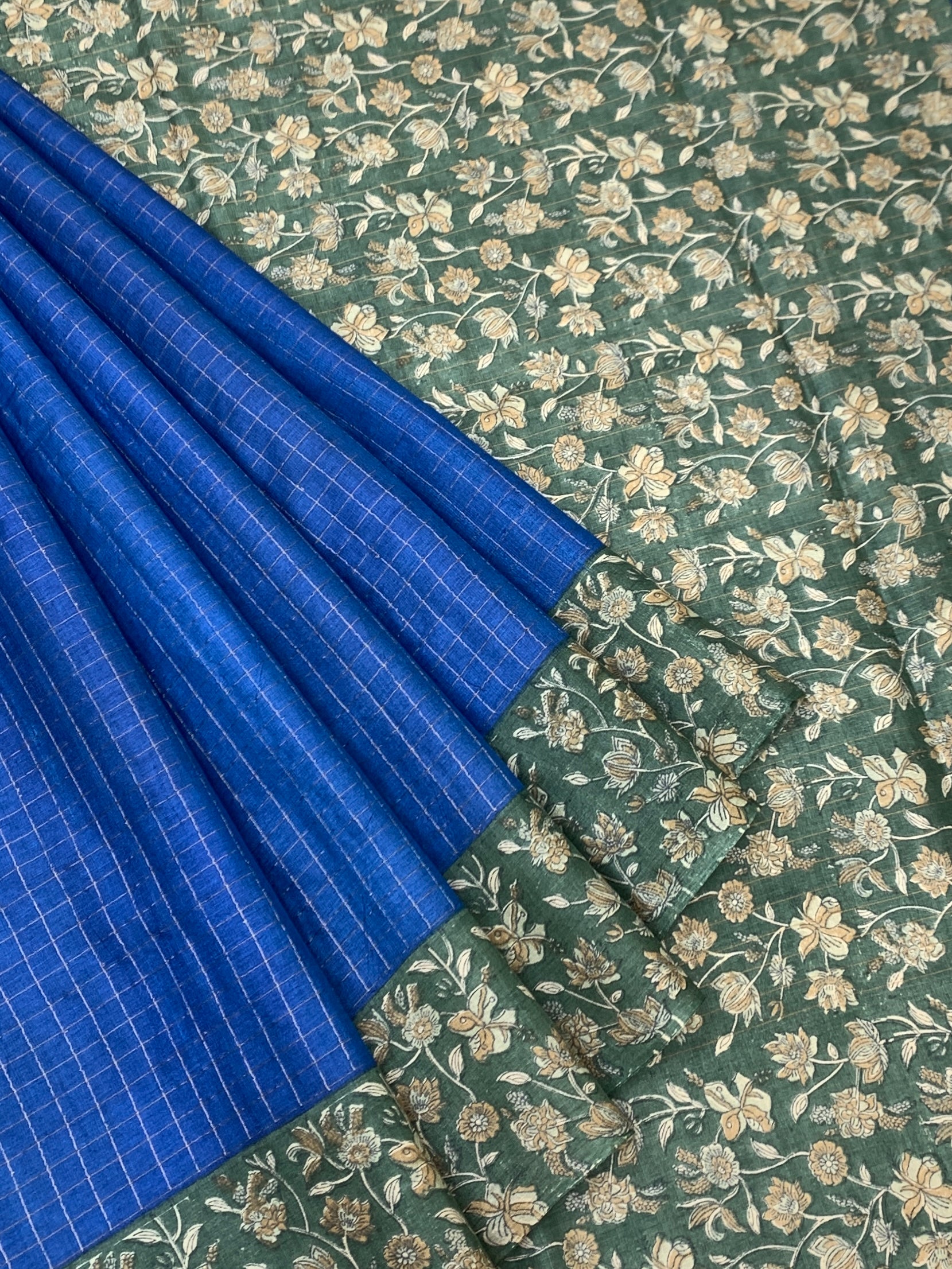 Royal Blue & Moss Green Floral Printed Tussore Saree