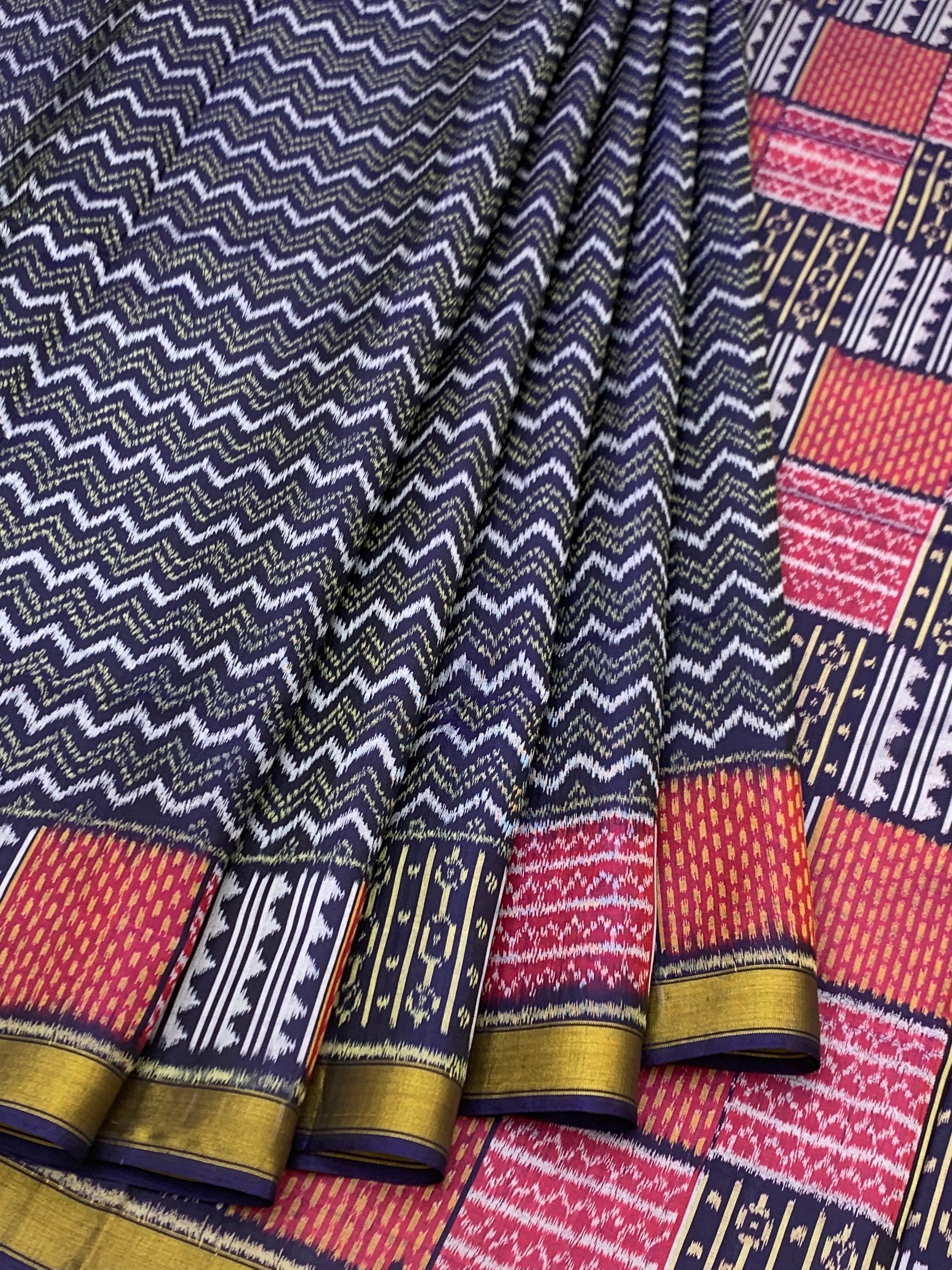 Midnight Blue Chevron & Vibrant Geometric Block Rajkot Patola Silk Saree