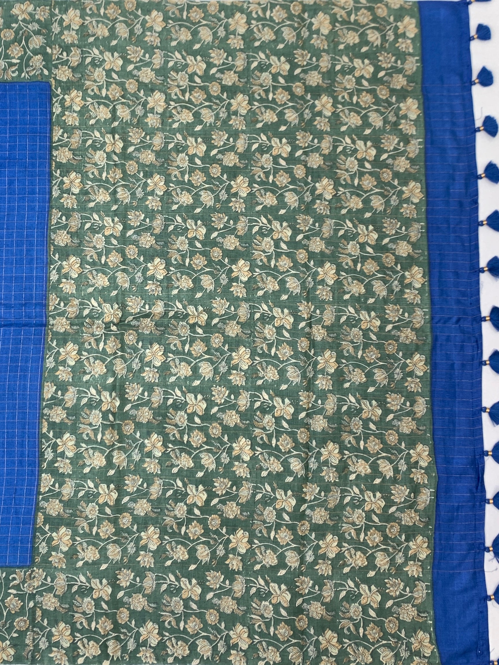 Royal Blue & Moss Green Floral Printed Tussore Saree