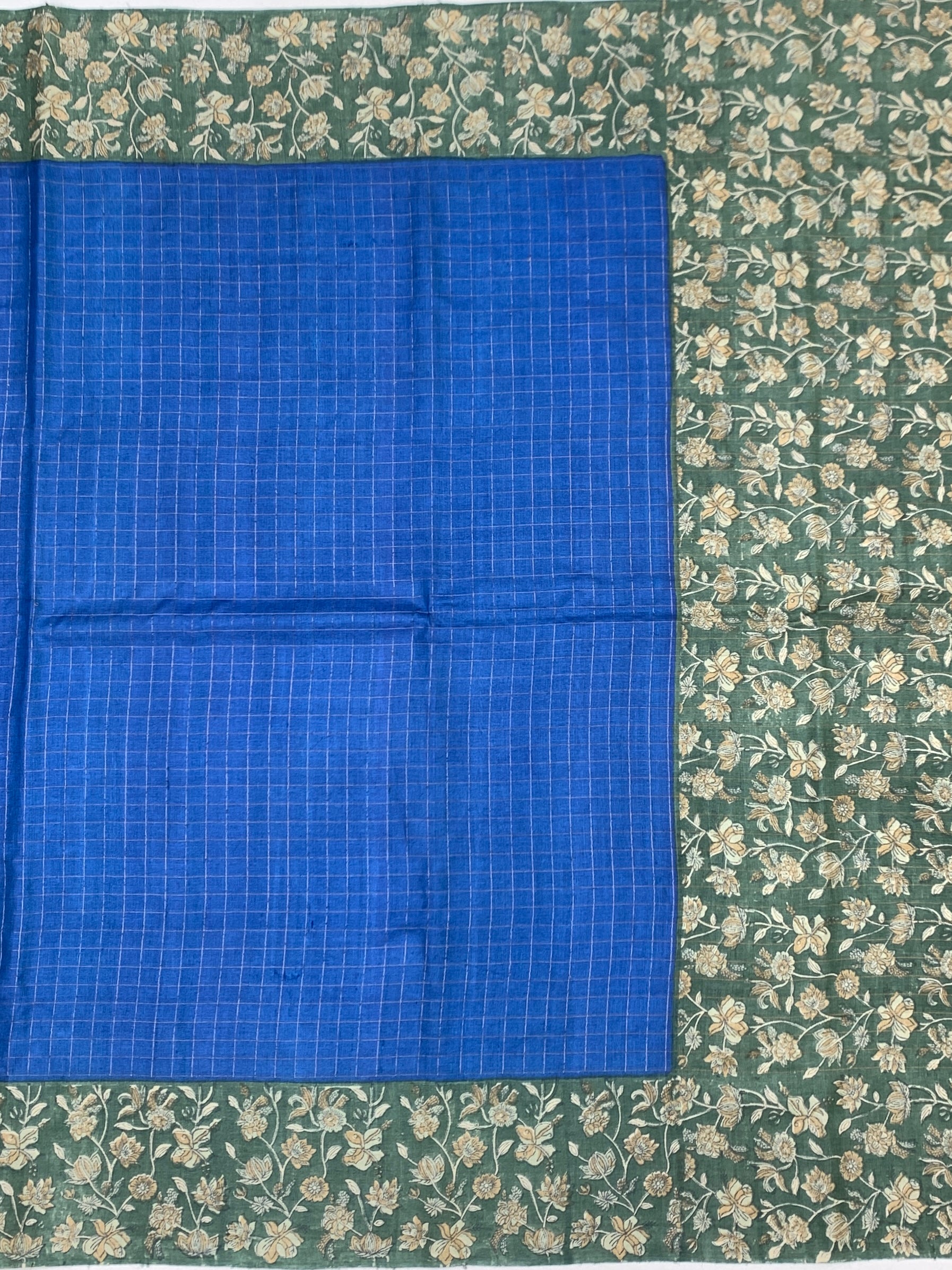 Royal Blue & Moss Green Floral Printed Tussore Saree