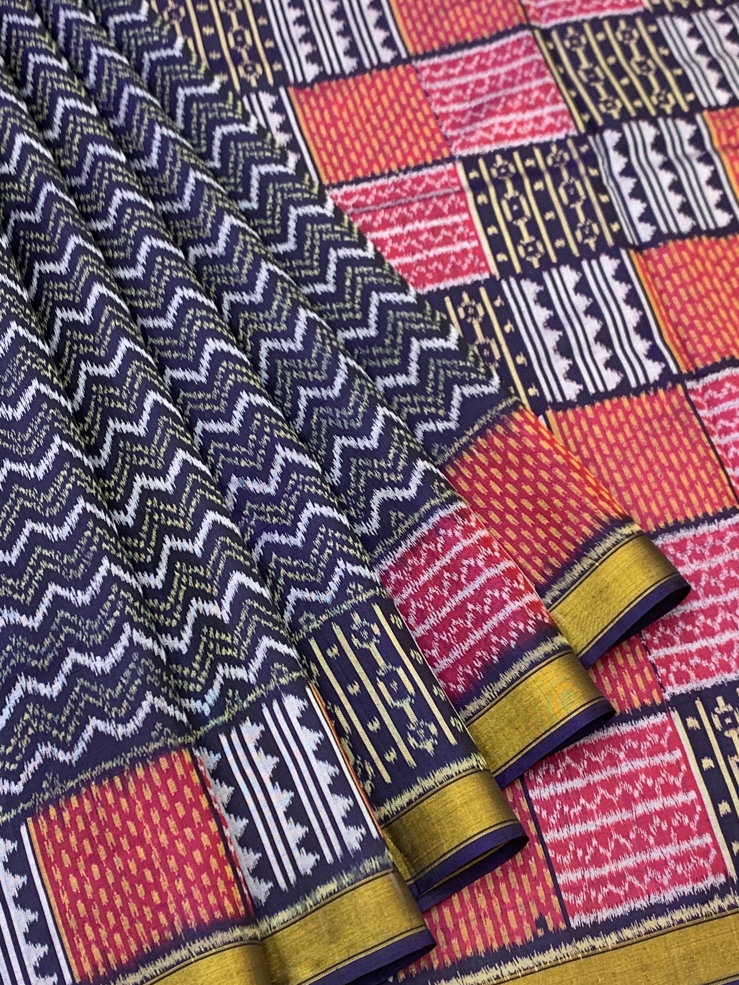 Midnight Blue Chevron & Vibrant Geometric Block Rajkot Patola Silk Saree