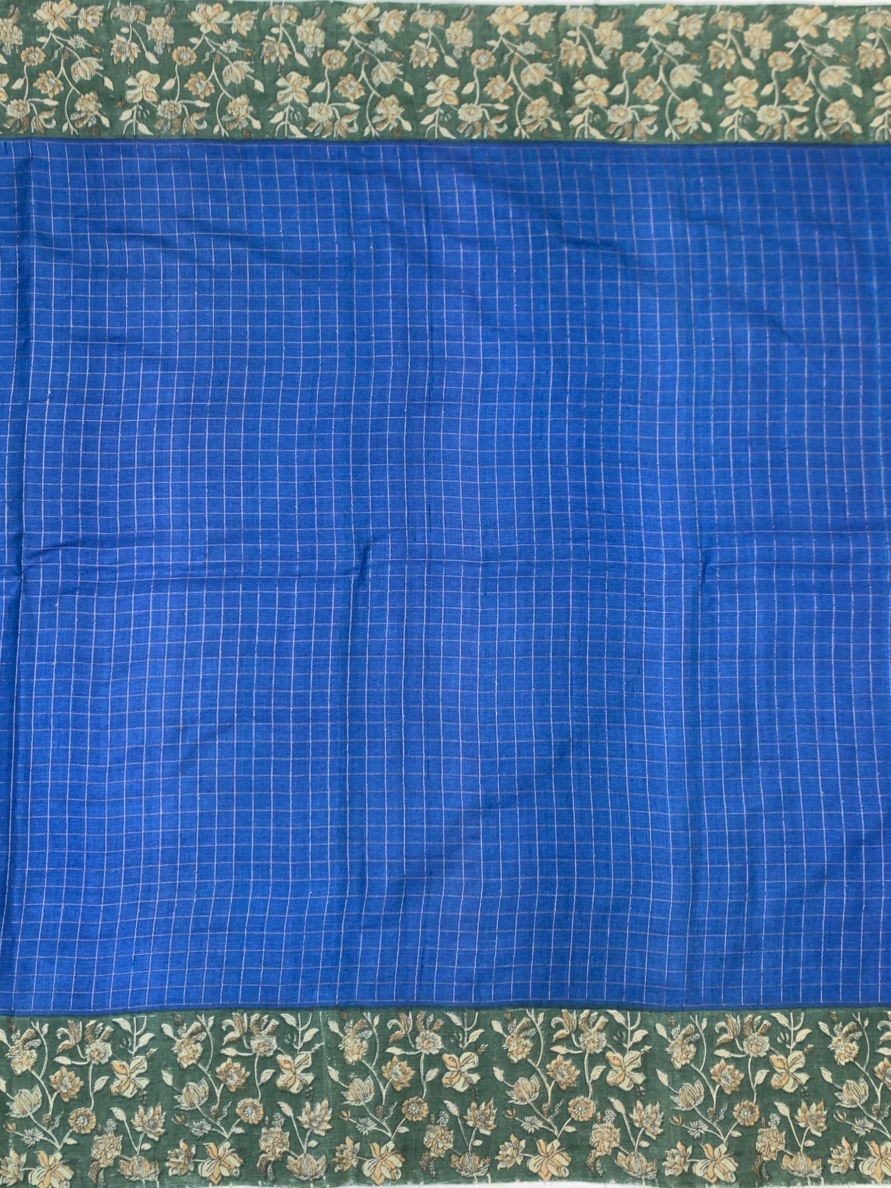 Royal Blue & Moss Green Floral Printed Tussore Saree