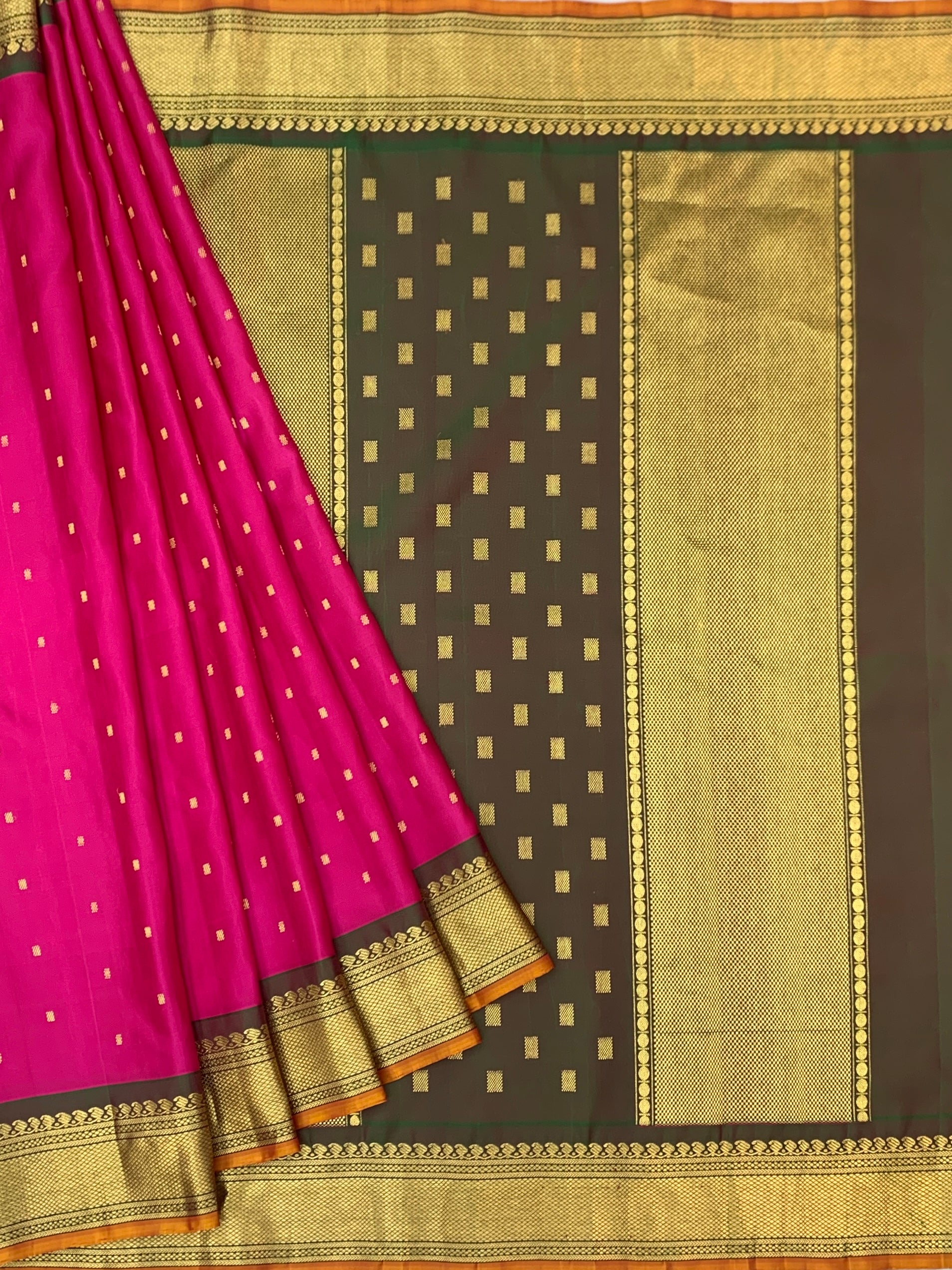 Magical Rani Pink & Olive Green Handwoven Gadwal Twill Pattu Saree