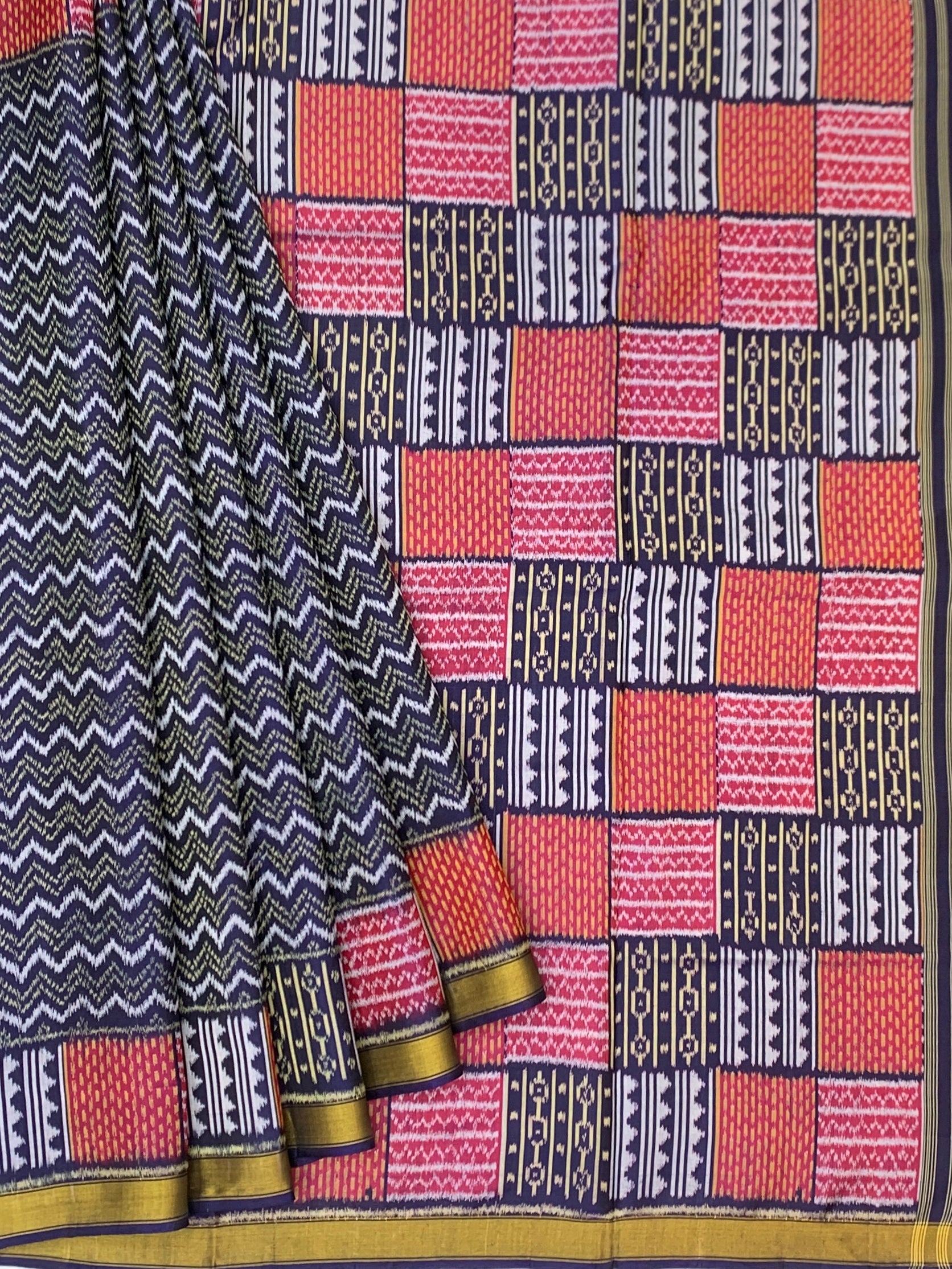 Midnight Blue Chevron & Vibrant Geometric Block Rajkot Patola Silk Saree