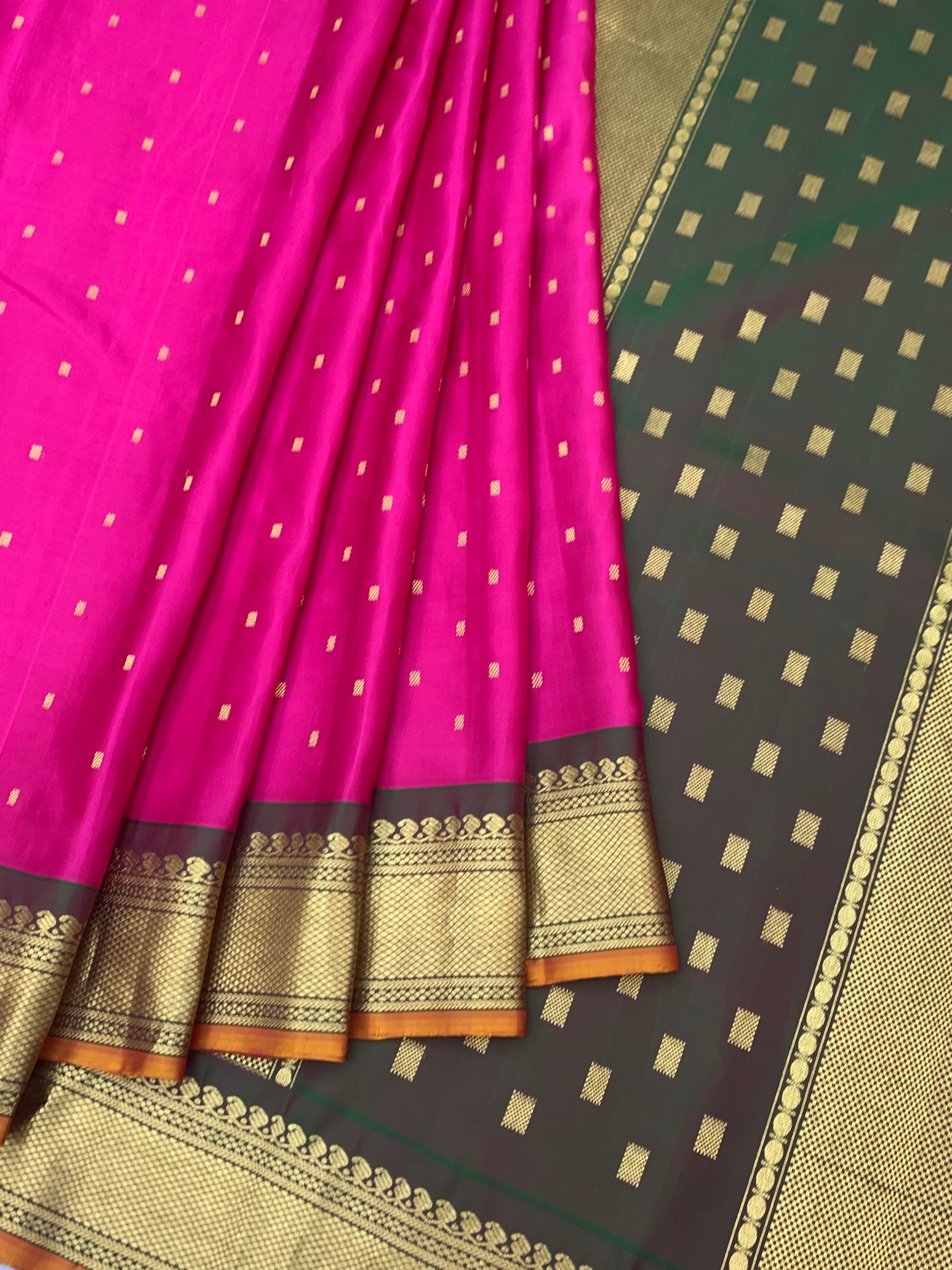 Magical Rani Pink & Olive Green Handwoven Gadwal Twill Pattu Saree