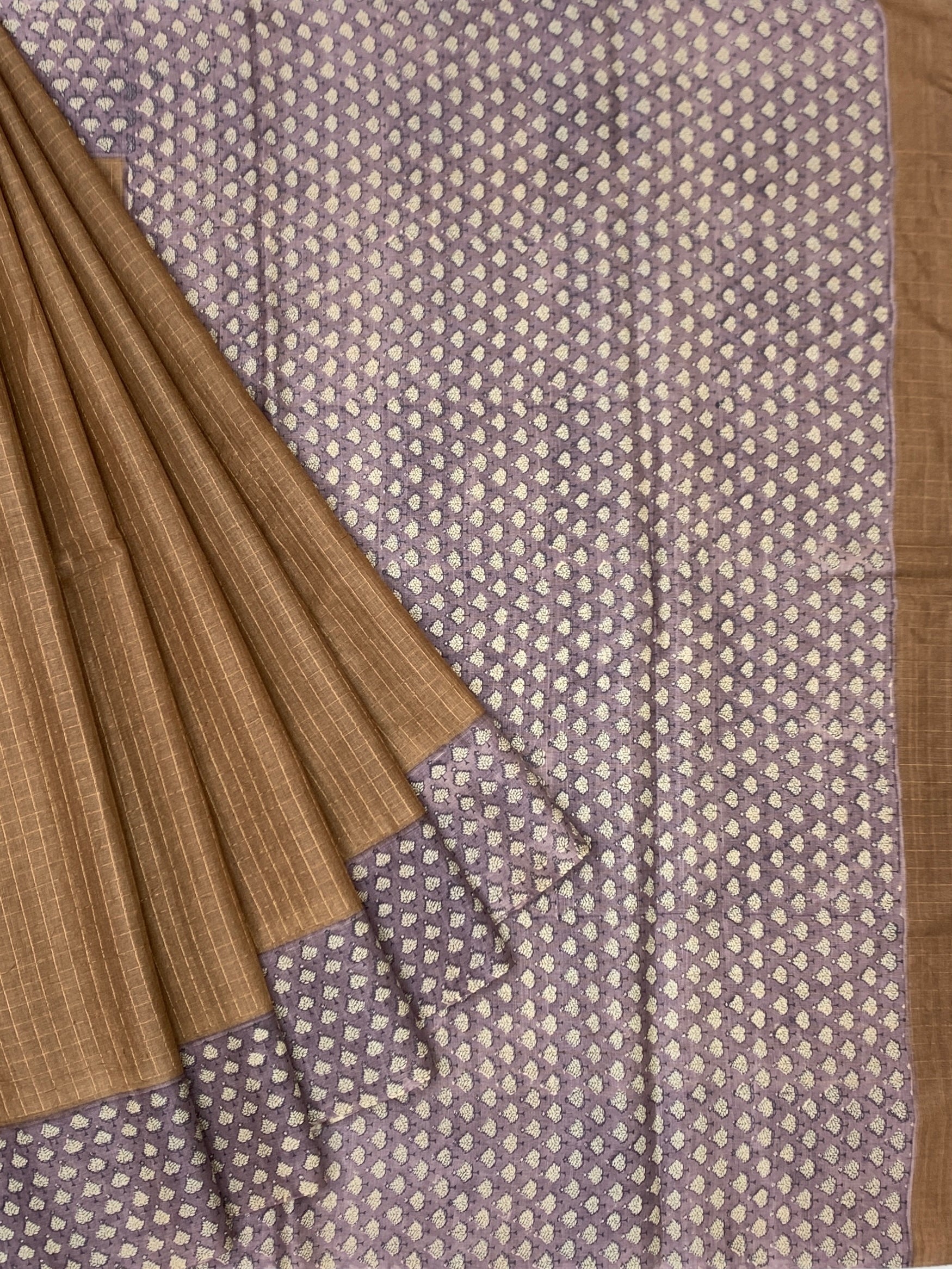 Caramel Brown & Dusty Lavender Printed Tussore Saree