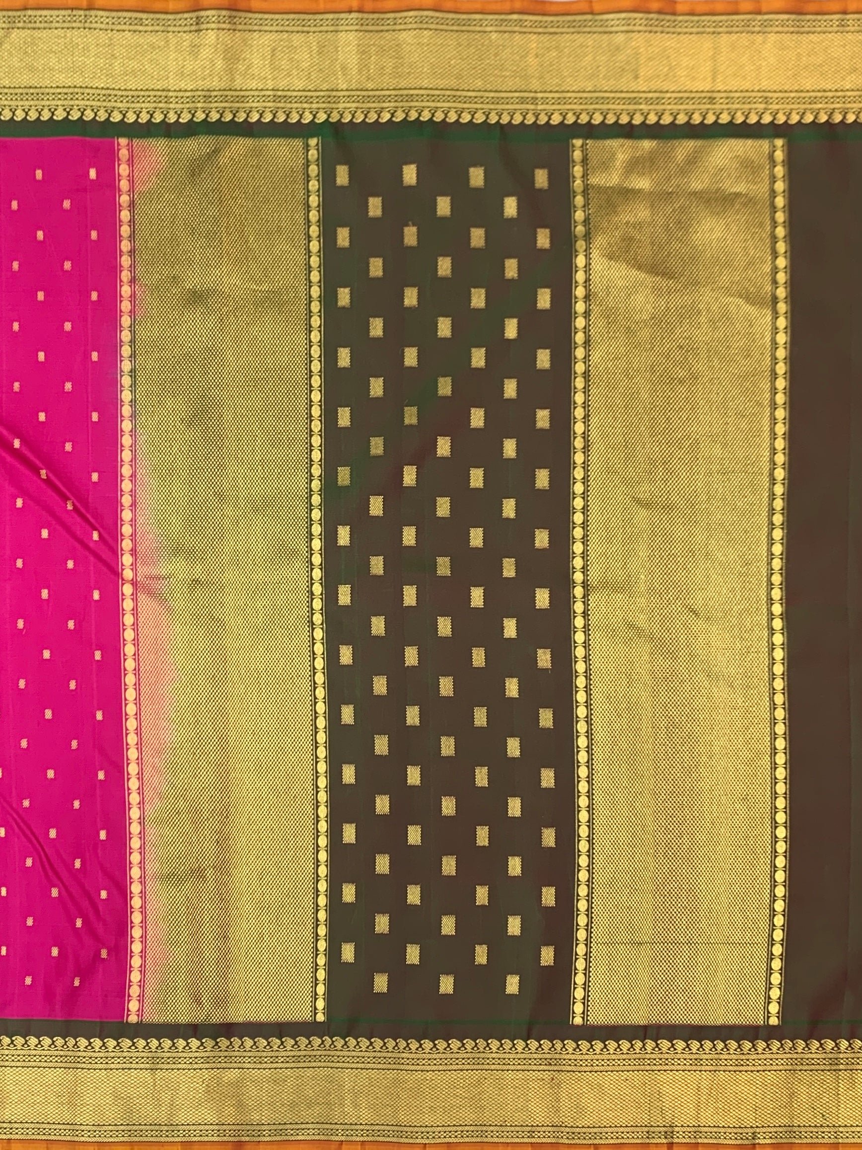 Magical Rani Pink & Olive Green Handwoven Gadwal Twill Pattu Saree