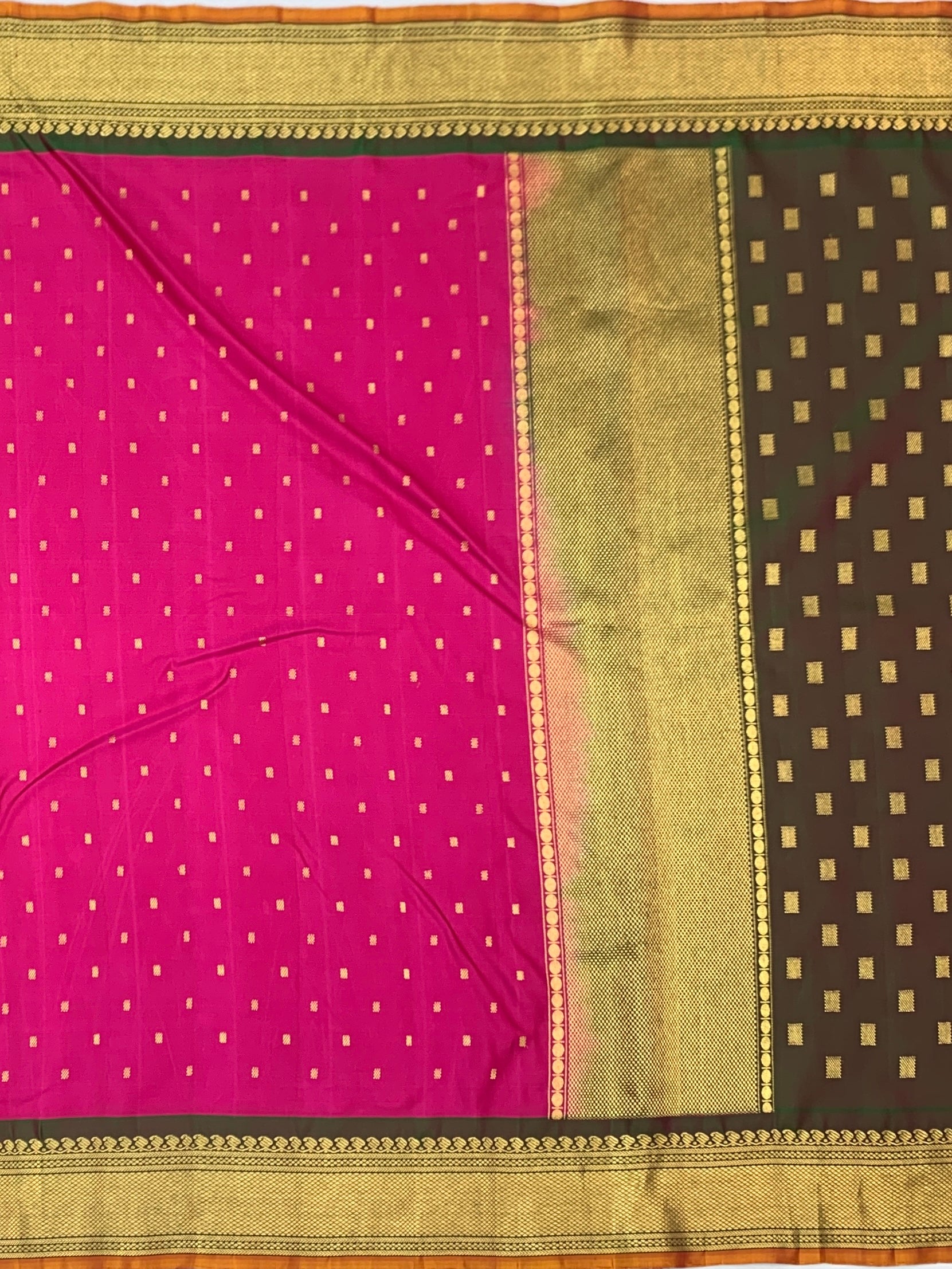 Magical Rani Pink & Olive Green Handwoven Gadwal Twill Pattu Saree