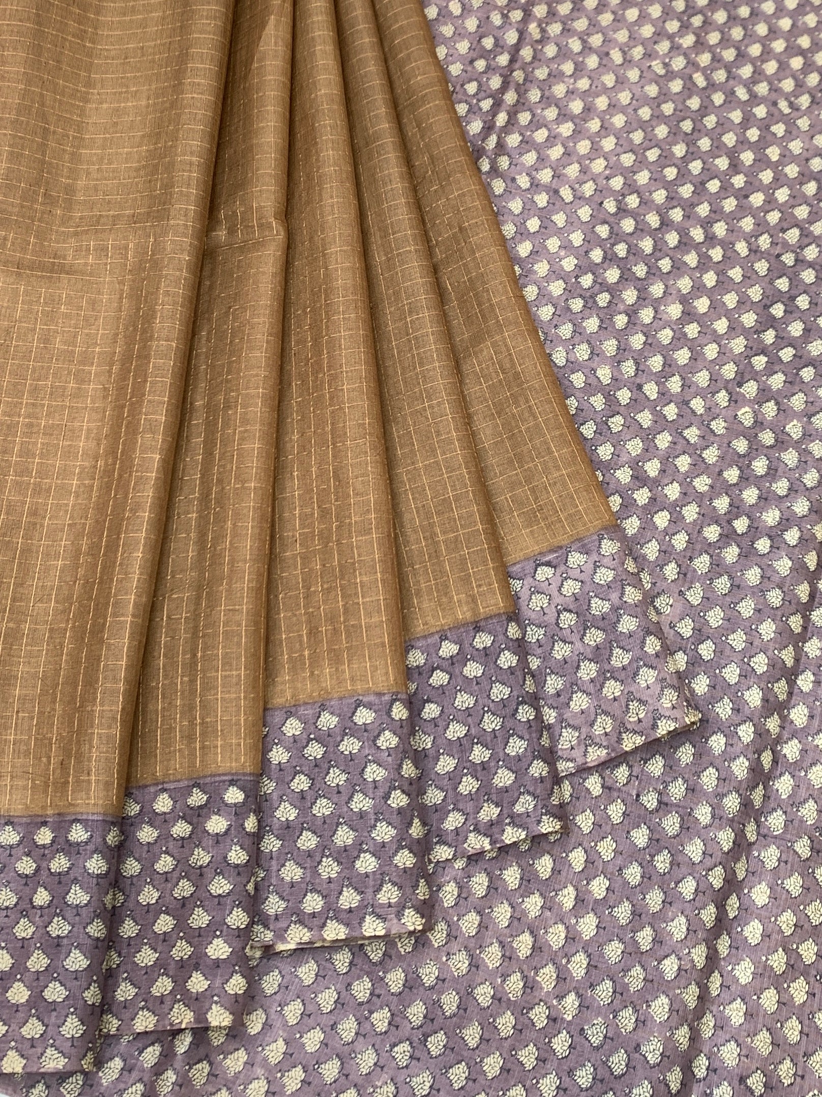 Caramel Brown & Dusty Lavender Printed Tussore Saree