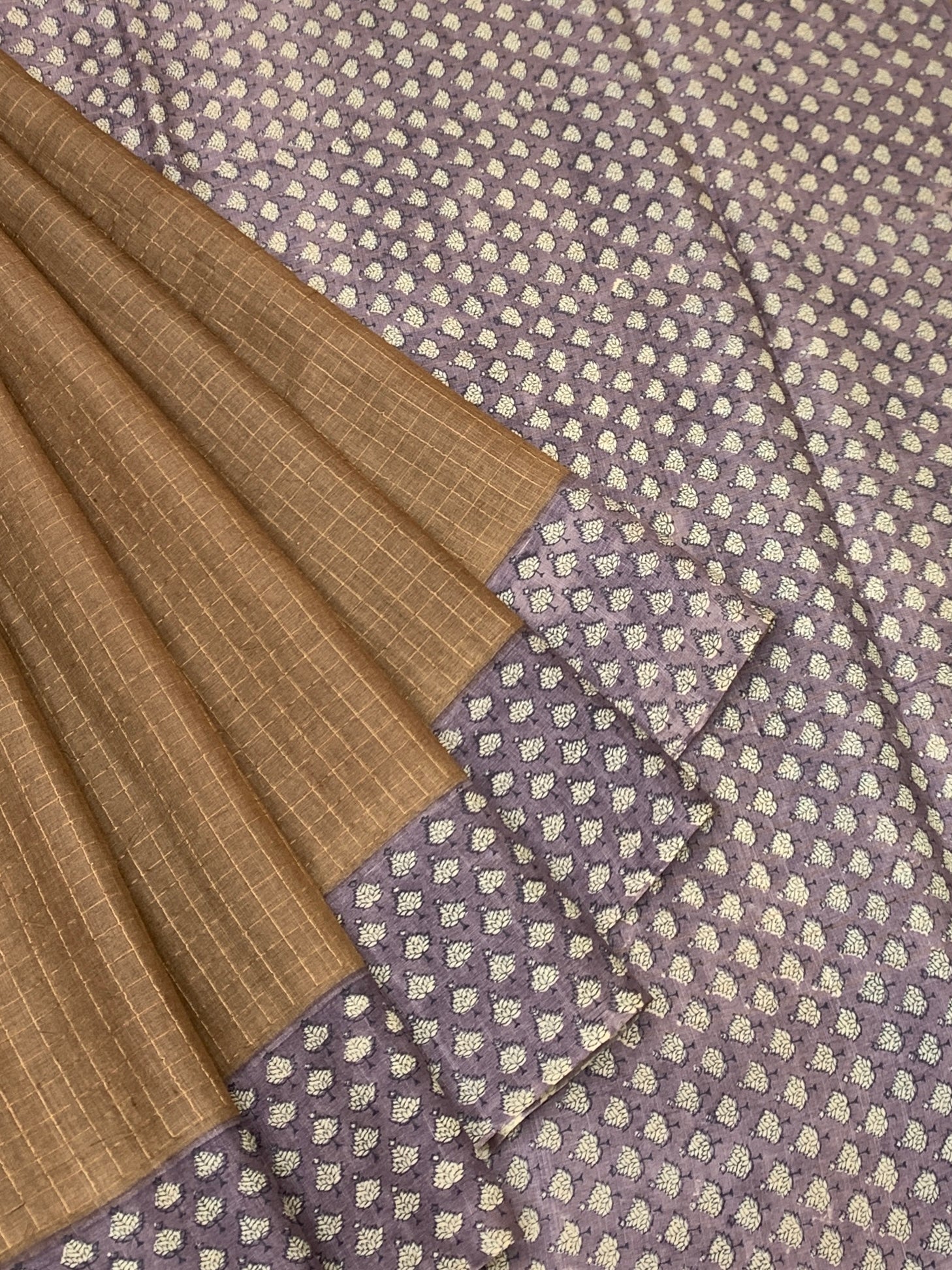 Caramel Brown & Dusty Lavender Printed Tussore Saree