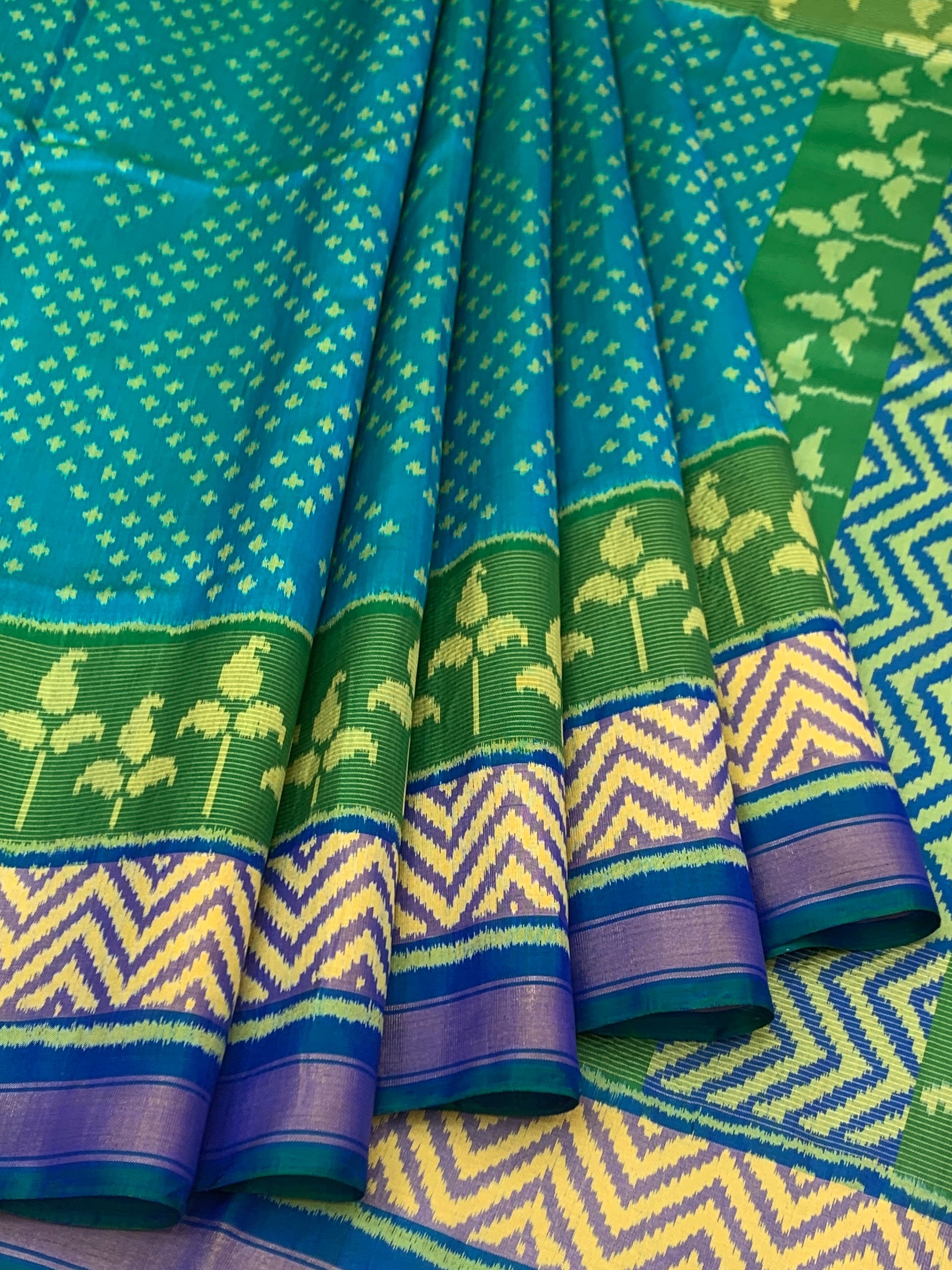 Peacock Blue & Emerald: Geometric Rajkot Patola Silk Saree