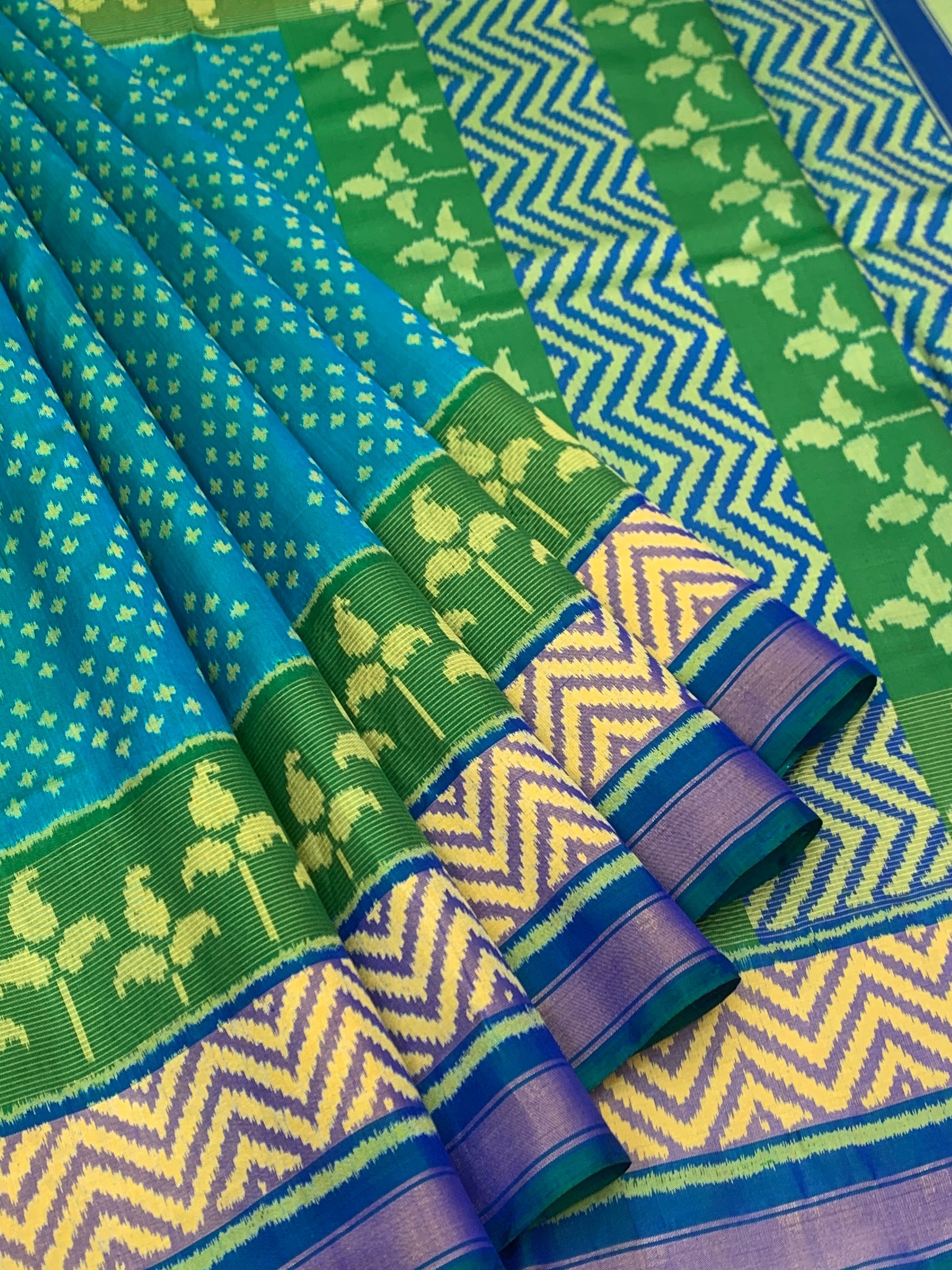 Peacock Blue & Emerald: Geometric Rajkot Patola Silk Saree