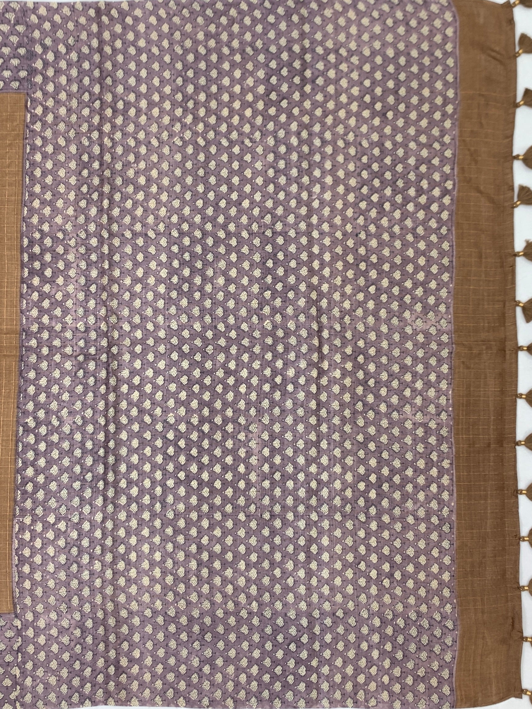 Caramel Brown & Dusty Lavender Printed Tussore Saree
