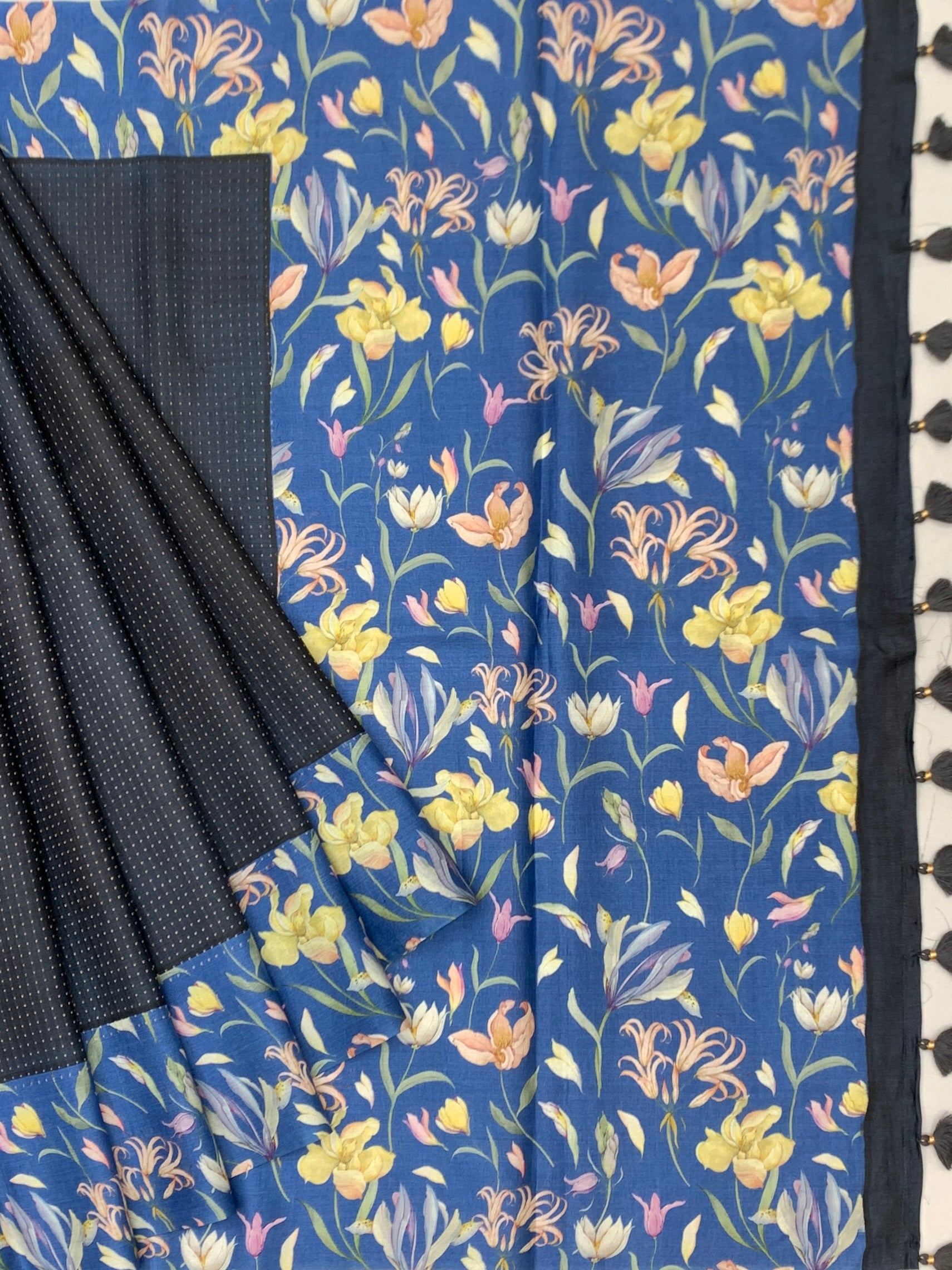 Midnight & Sapphire Botanical Tussore Saree