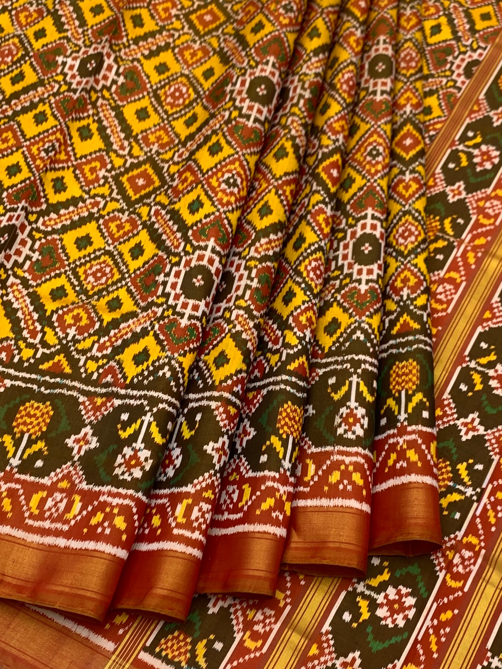 Mustard & Maroon Grandeur: Geometric Rajkot Patola Silk Saree