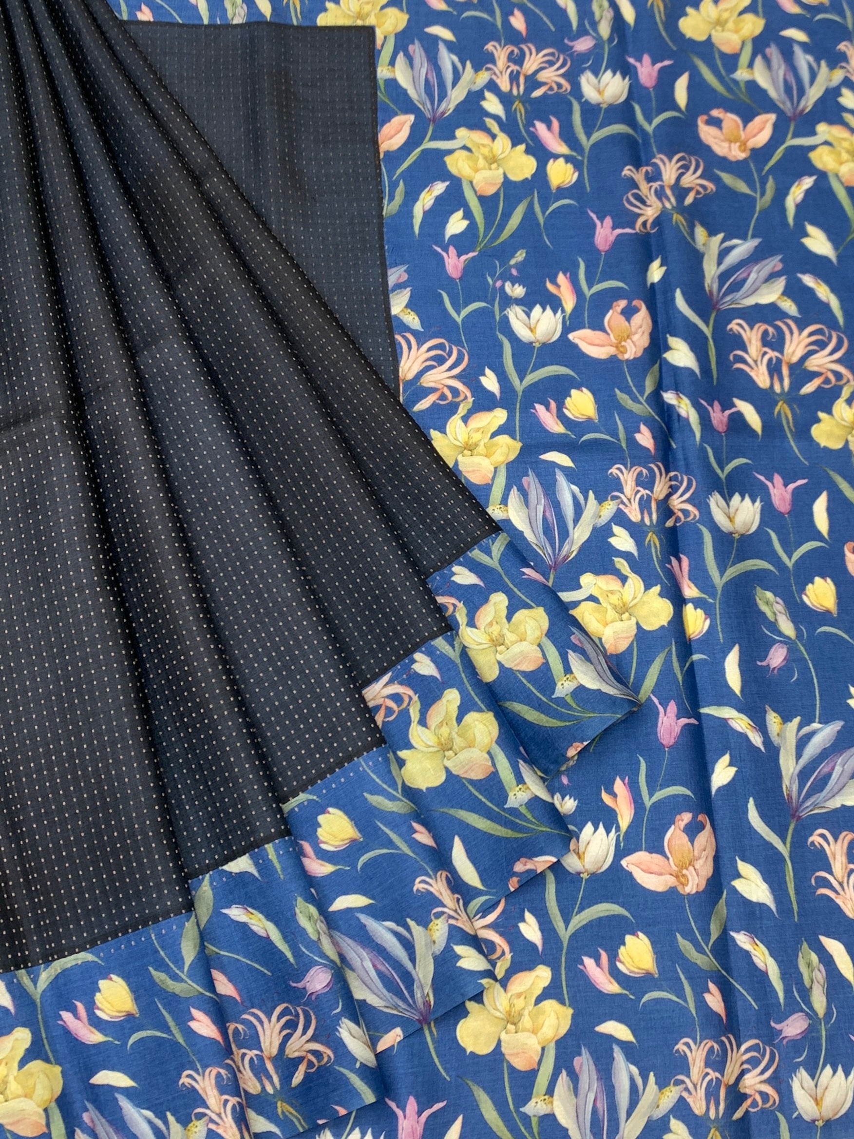 Midnight & Sapphire Botanical Tussore Saree