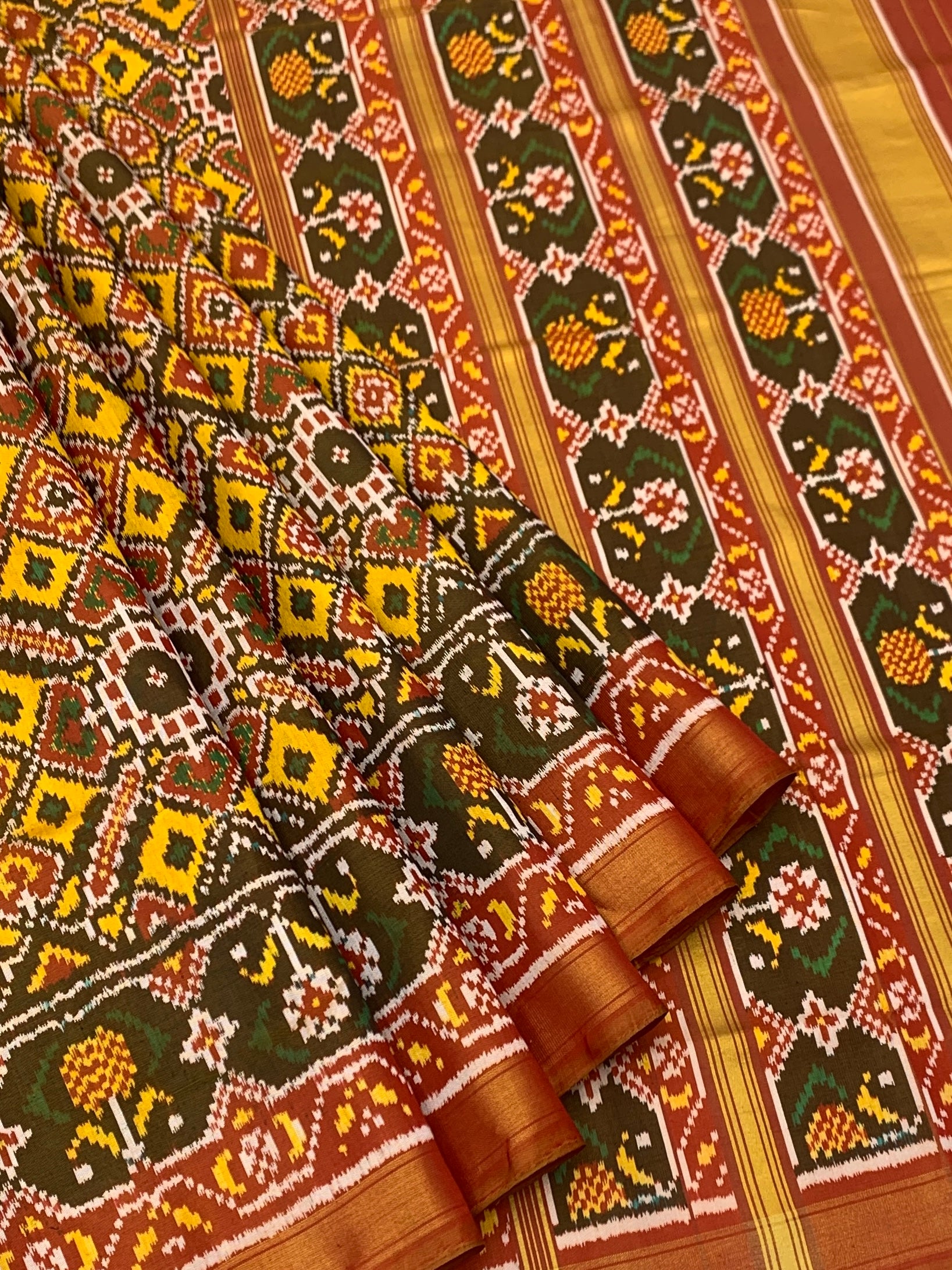 Mustard & Maroon Grandeur: Geometric Rajkot Patola Silk Saree