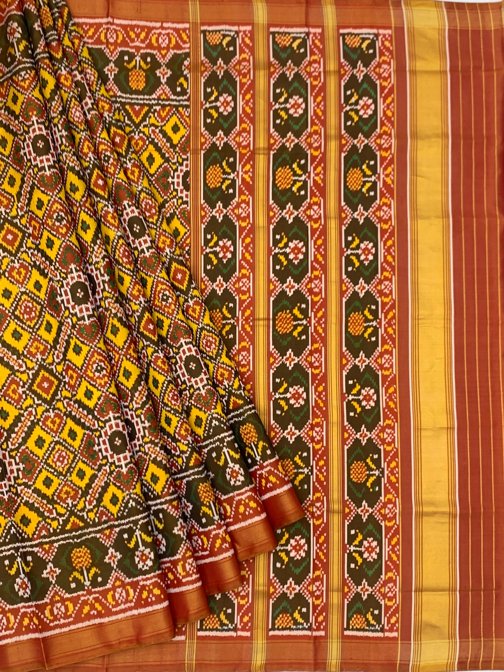Mustard & Maroon Grandeur: Geometric Rajkot Patola Silk Saree
