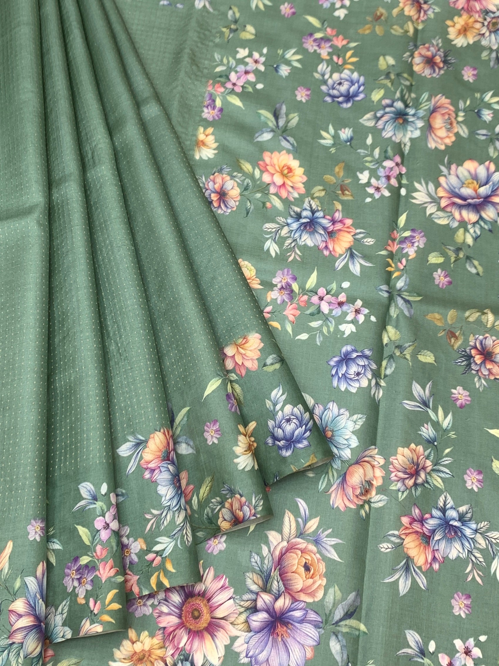 Enchanted Garden Floral Printed Tussore Saree